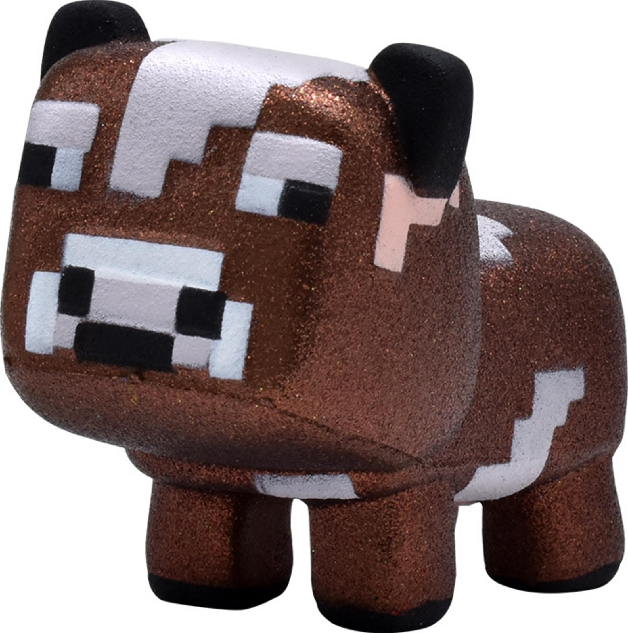 Ein glitzerndes braunes Minecraft-Kuhspielzeug mit weißen Flecken und schwarzen Ohren.