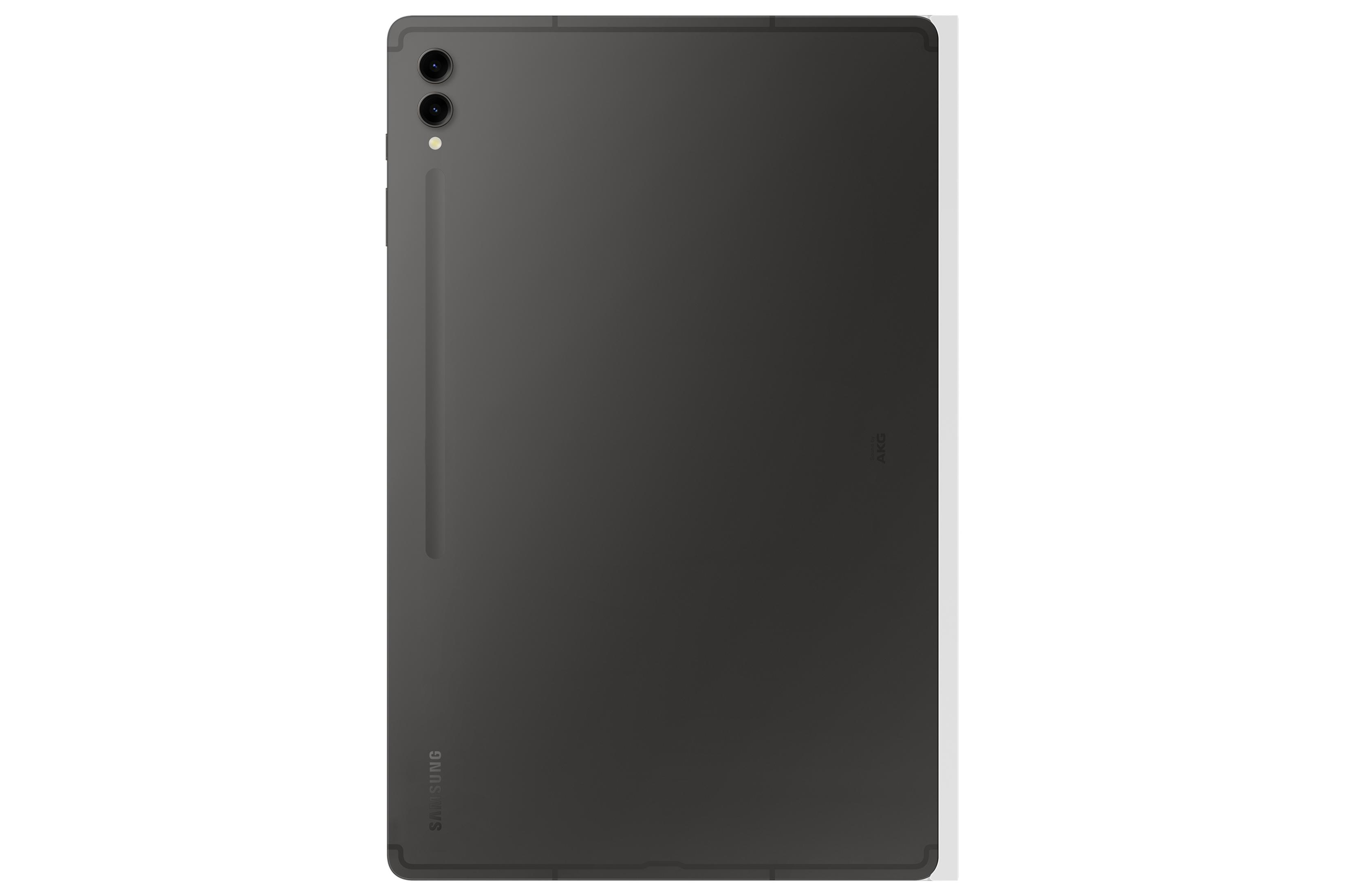 Tablet Samsung grigio scuro con due fotocamere e logo AKG sul retro.