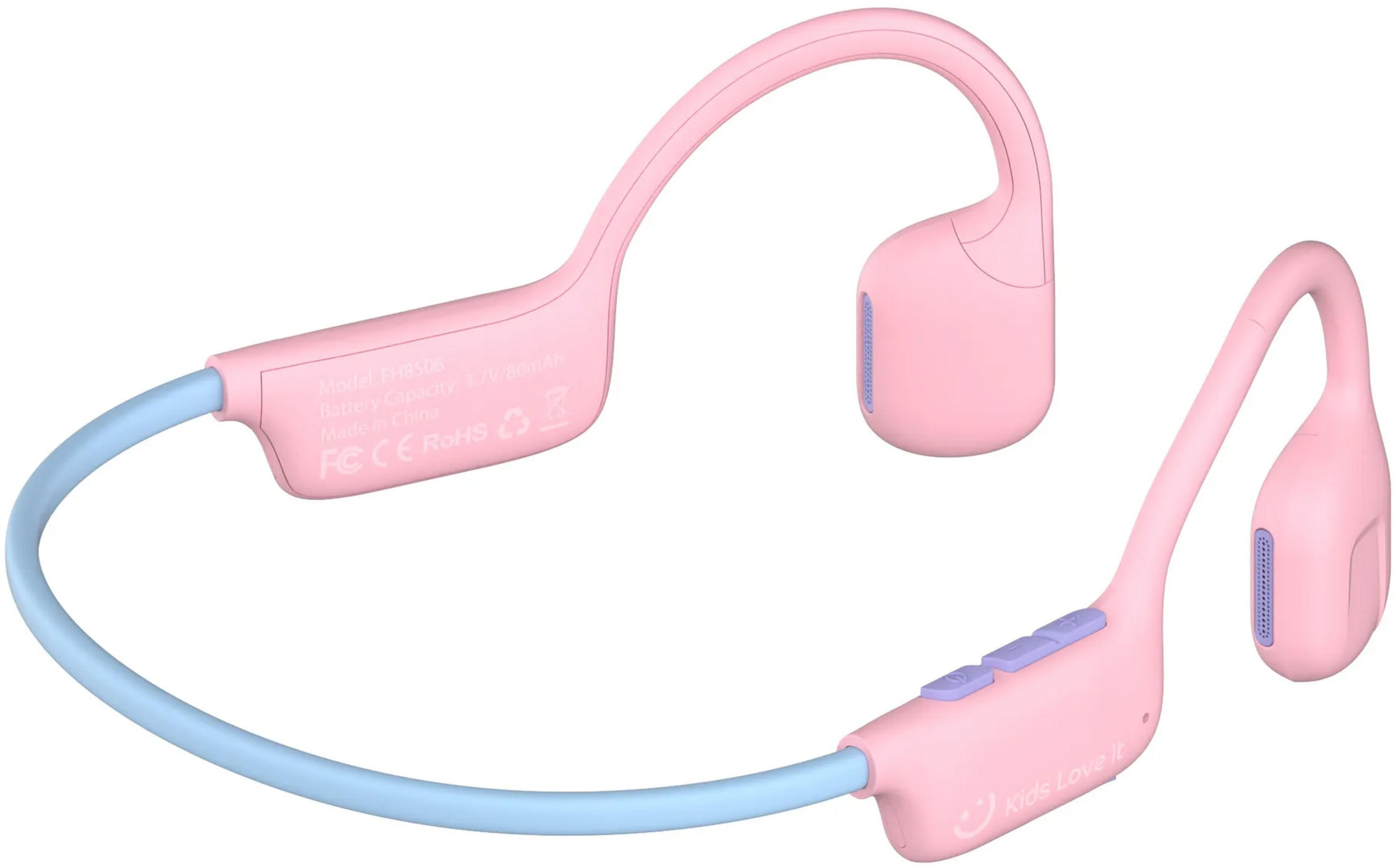 Rosa und blaue Kopfhörer mit Bügel und Ohrbügeln. Bedienelemente und Beschriftung sichtbar.