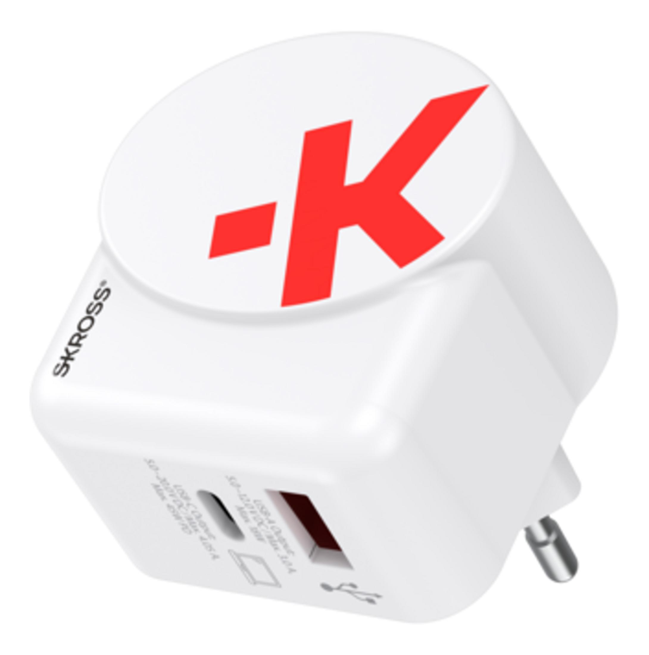 Un adattatore da viaggio bianco con logo rosso e due porte USB.