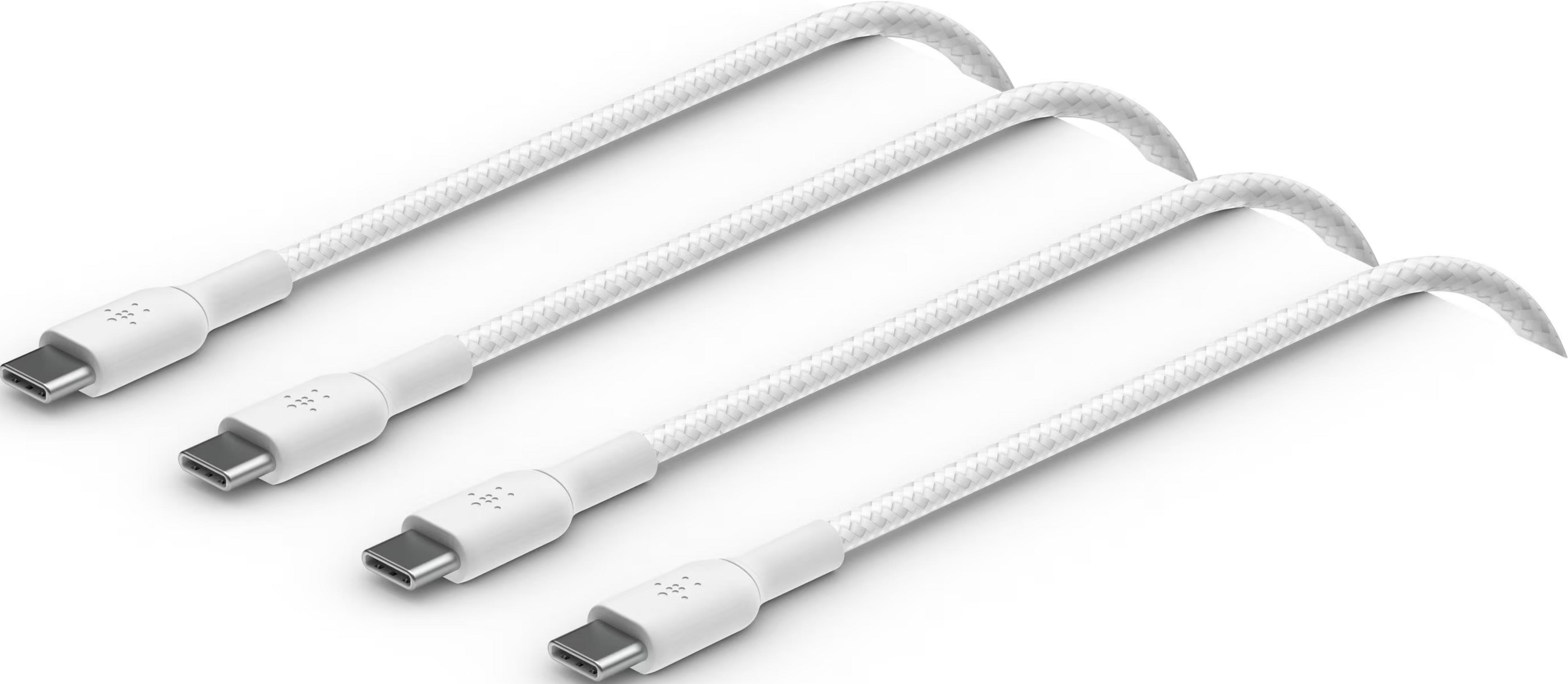 Quatre câbles de chargement USB-C blancs avec cordons tressés et connecteurs argentés.