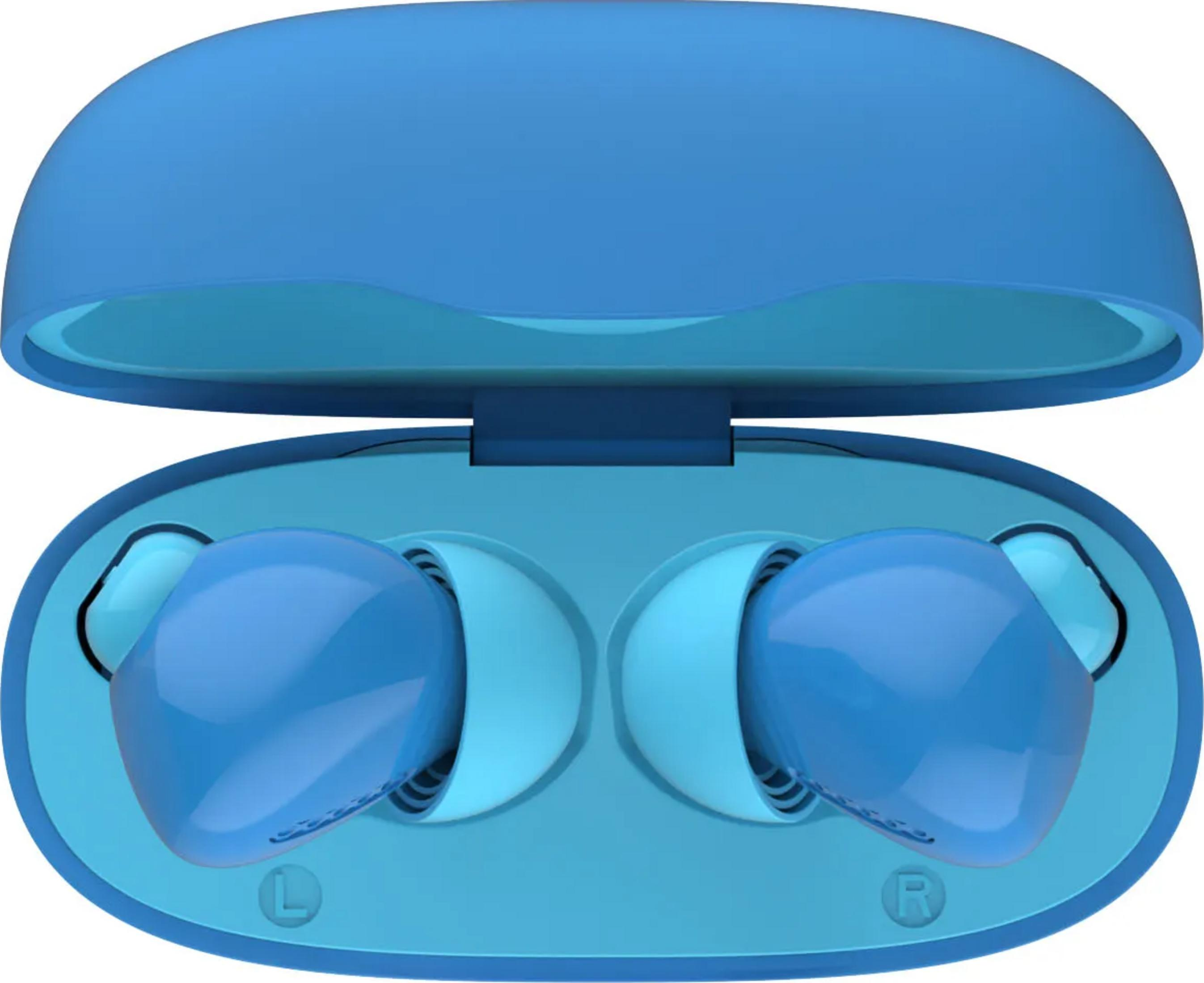 Blaue kabellose Ohrhörer mit Ladecase, offen.
