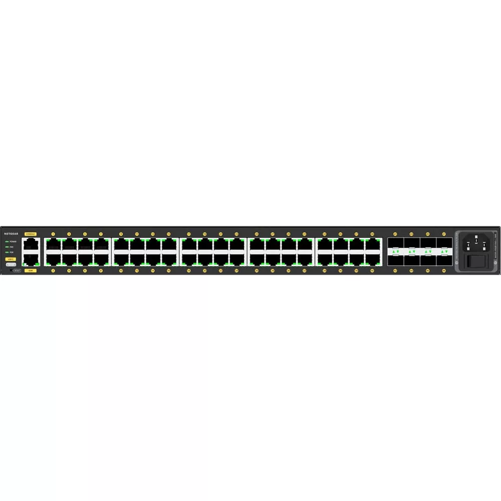 Un switch réseau noir avec 48 ports et indicateurs lumineux.