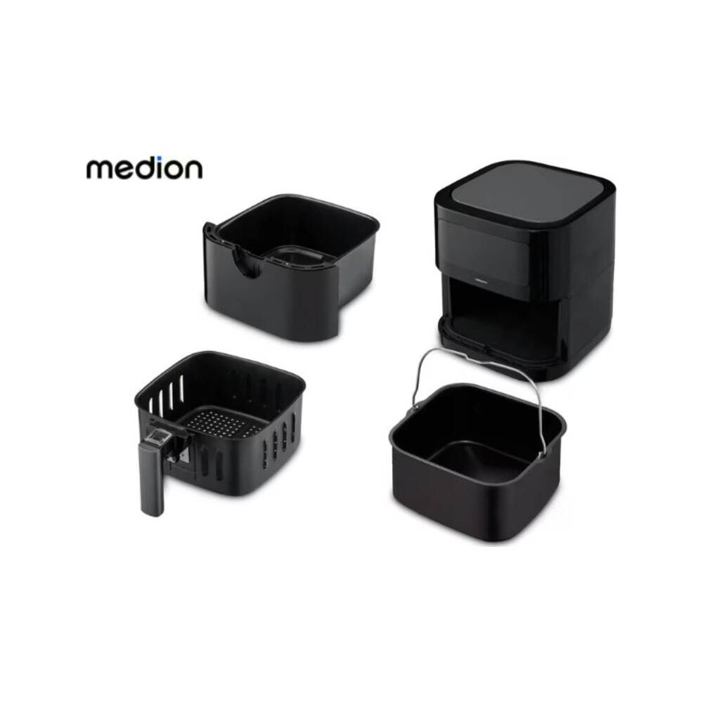 Frytkownica Medion z akcesoriami: urządzenie główne, kosz z uchwytem i wkład.