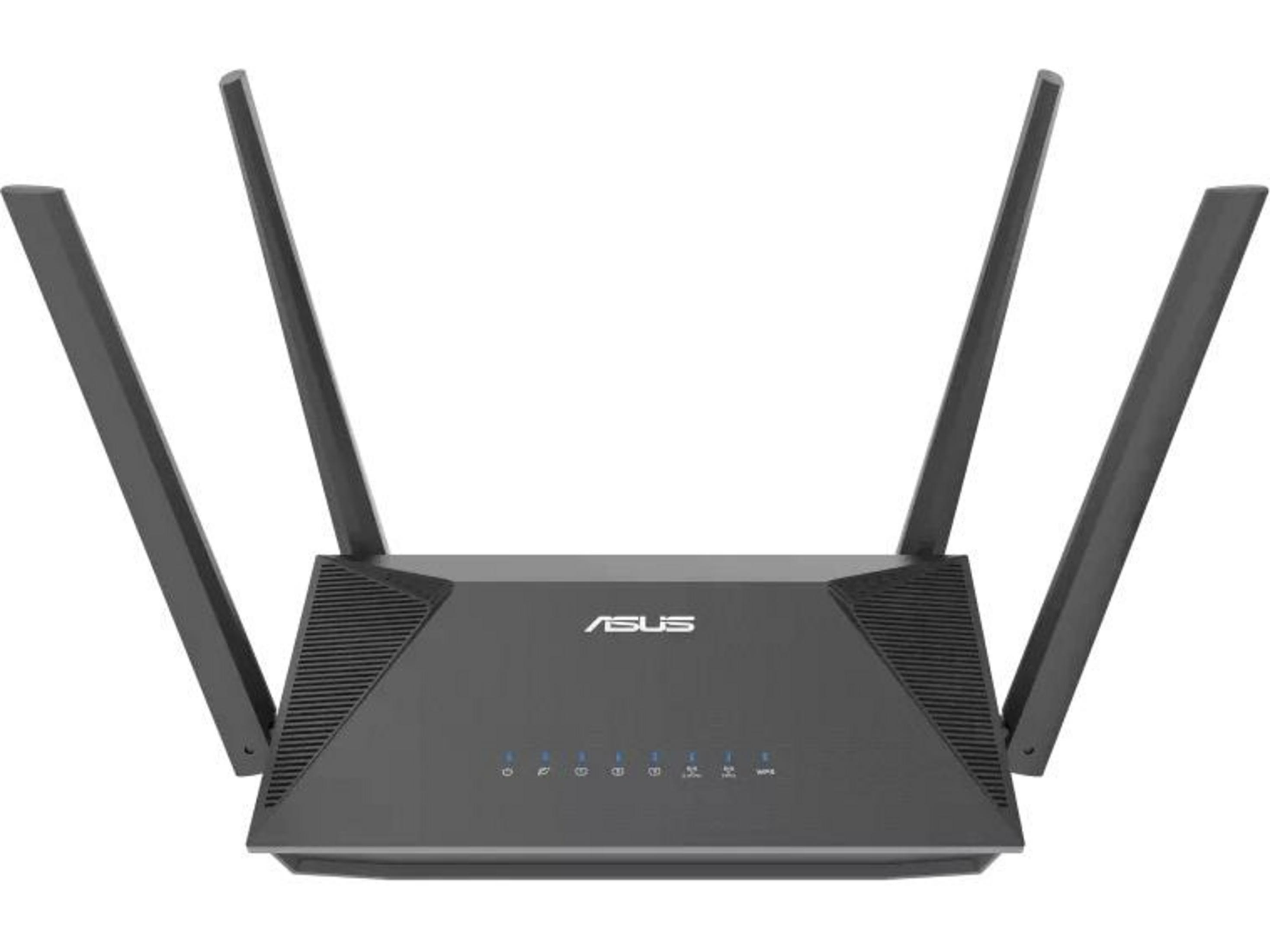 Czarny router Wi-Fi Asus z czterema antenami i niebieskimi wskaźnikami LED.