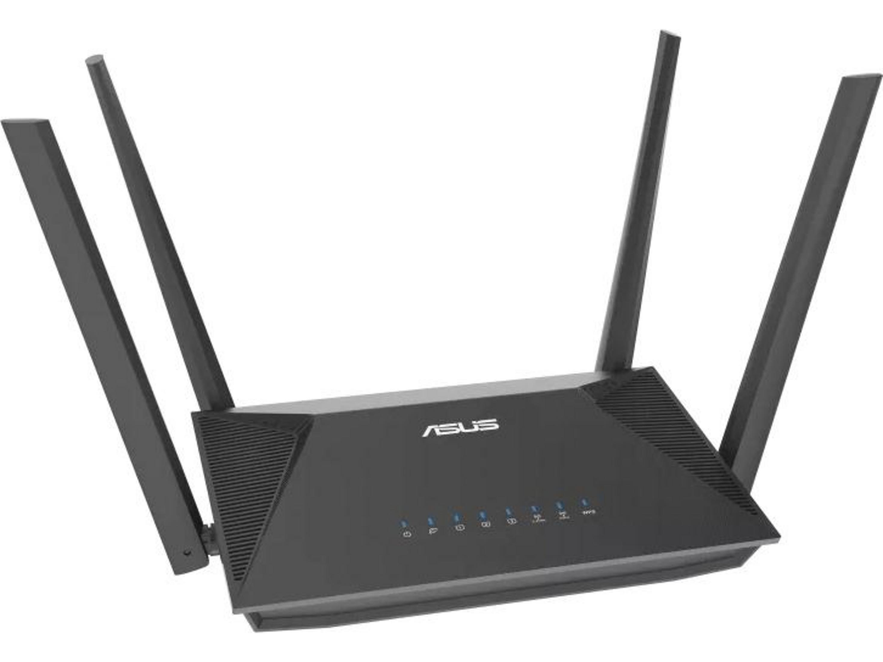 Czarny router ASUS z czterema antenami i niebieskimi diodami.