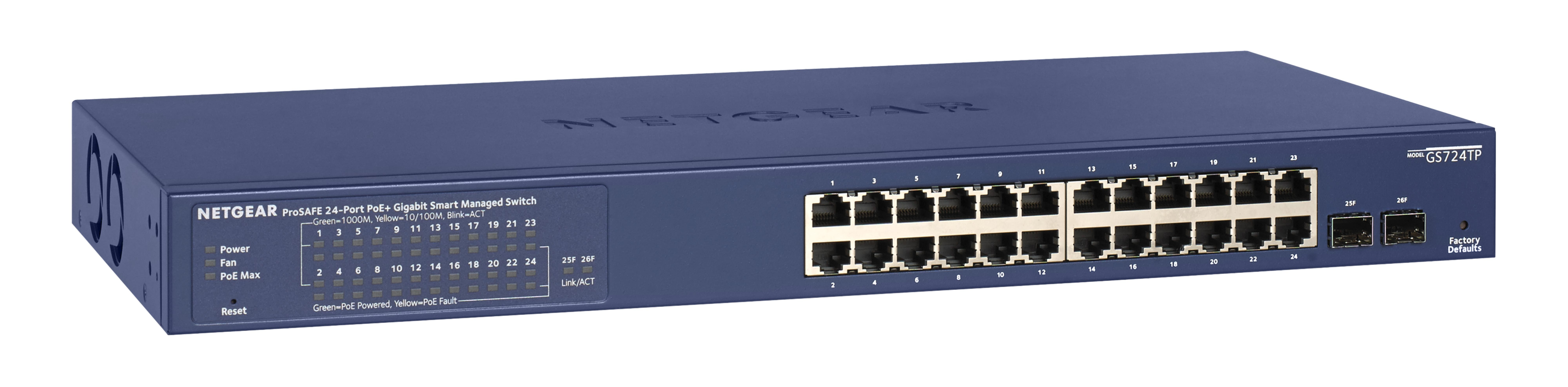 Niebieski 24-portowy przełącznik Gigabit NETGEAR GS724TP z portami i etykietami.