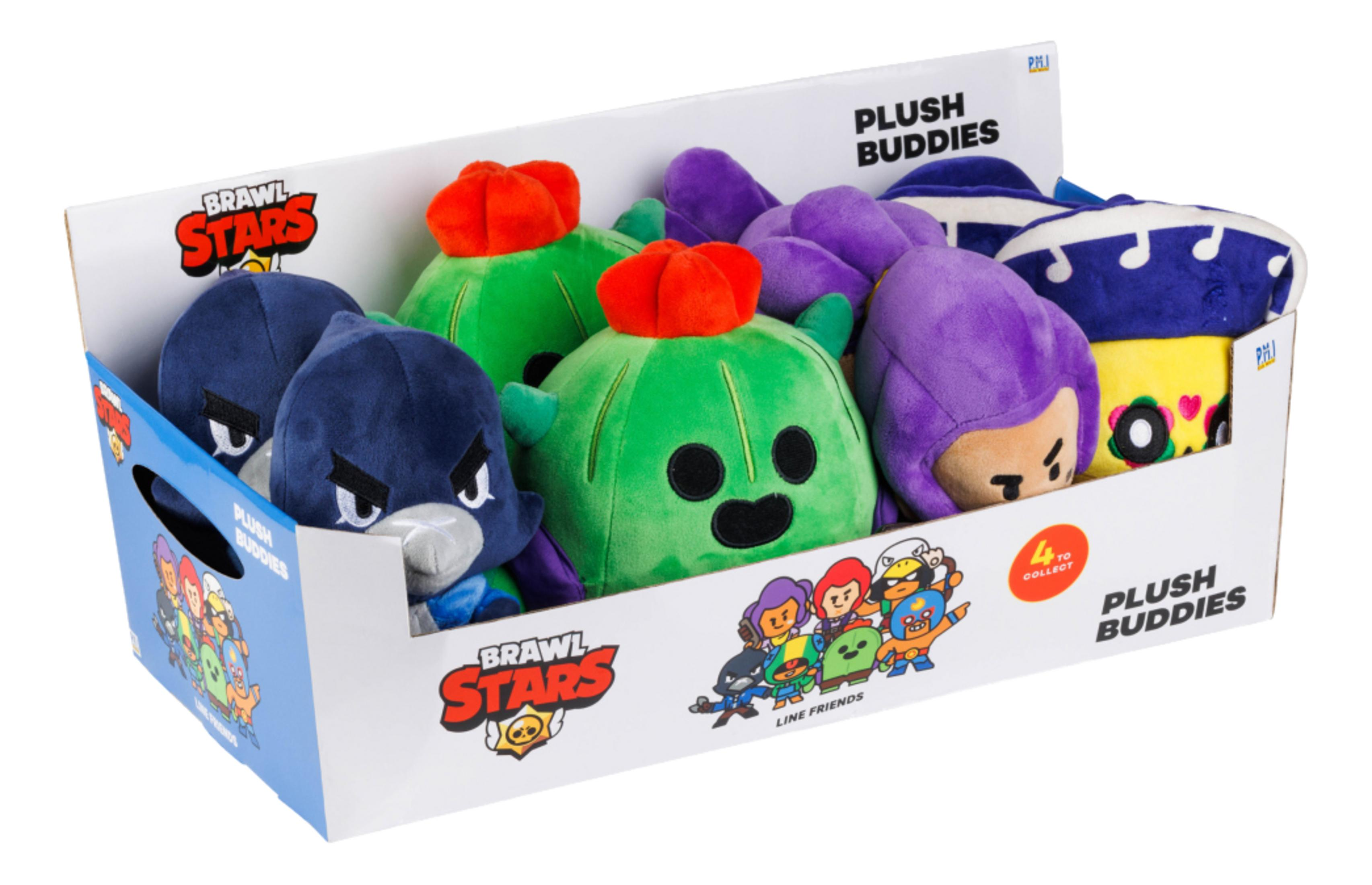 Brawl Stars Plüschtiere in einer Box mit Charakterabbildungen.