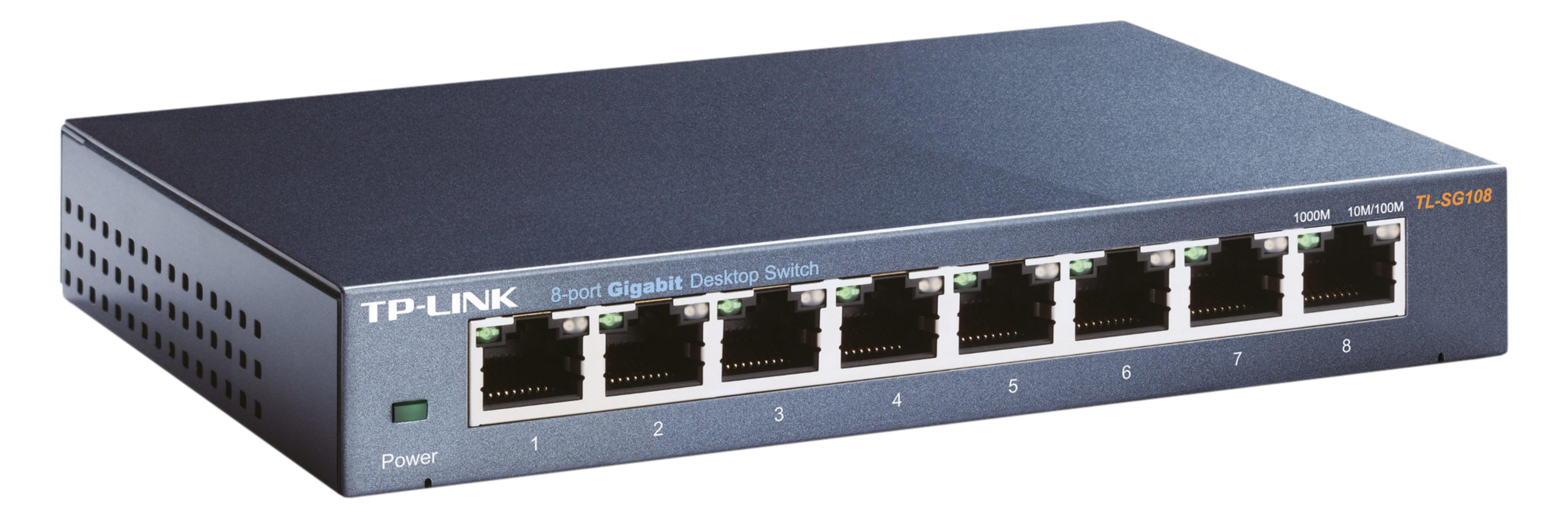 Szary przełącznik TP-Link Gigabit Desktop 8-portowy z ośmioma portami i zieloną diodą zasilania.