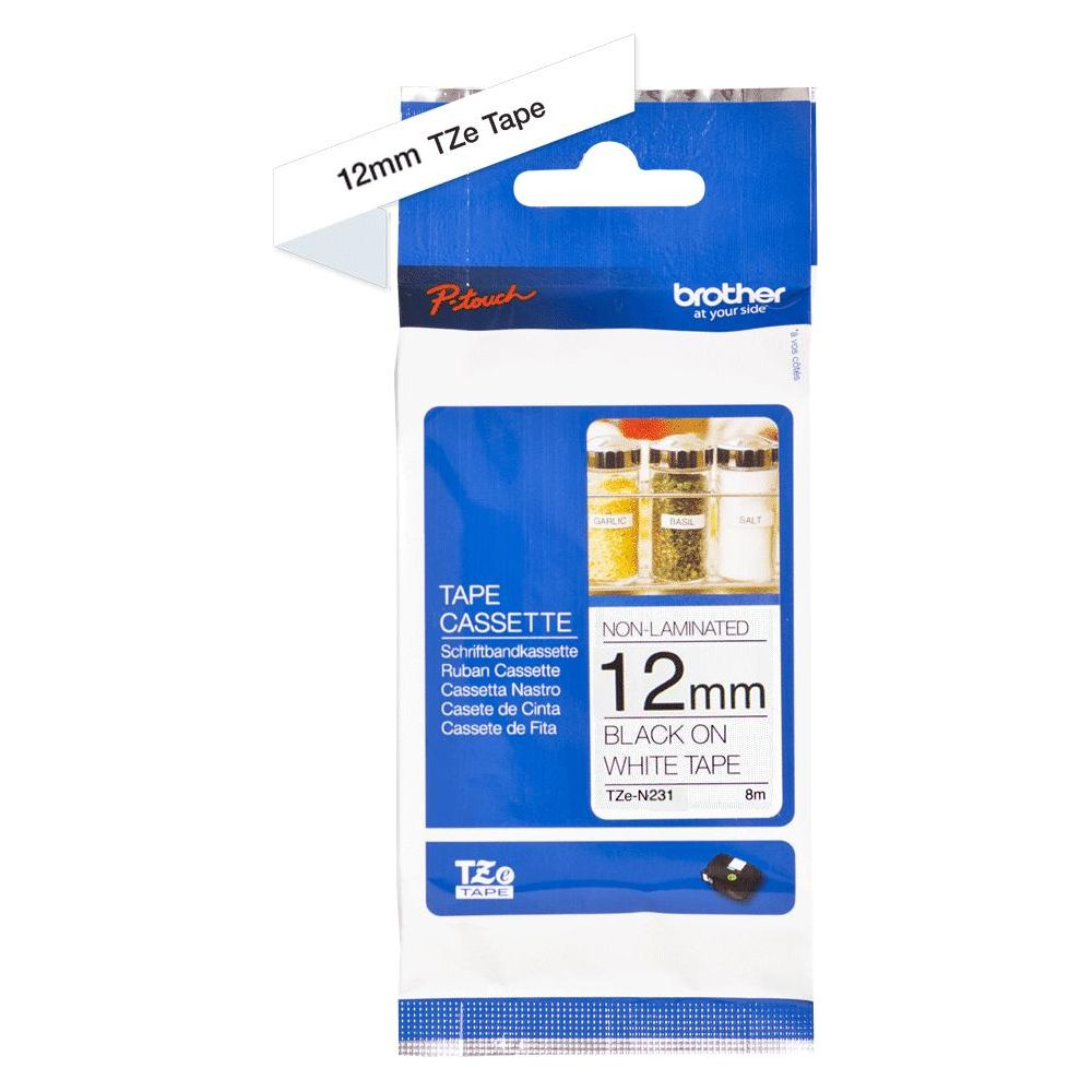 Verpackung für Brother 12mm schwarzes Band auf weißem Klebeband.