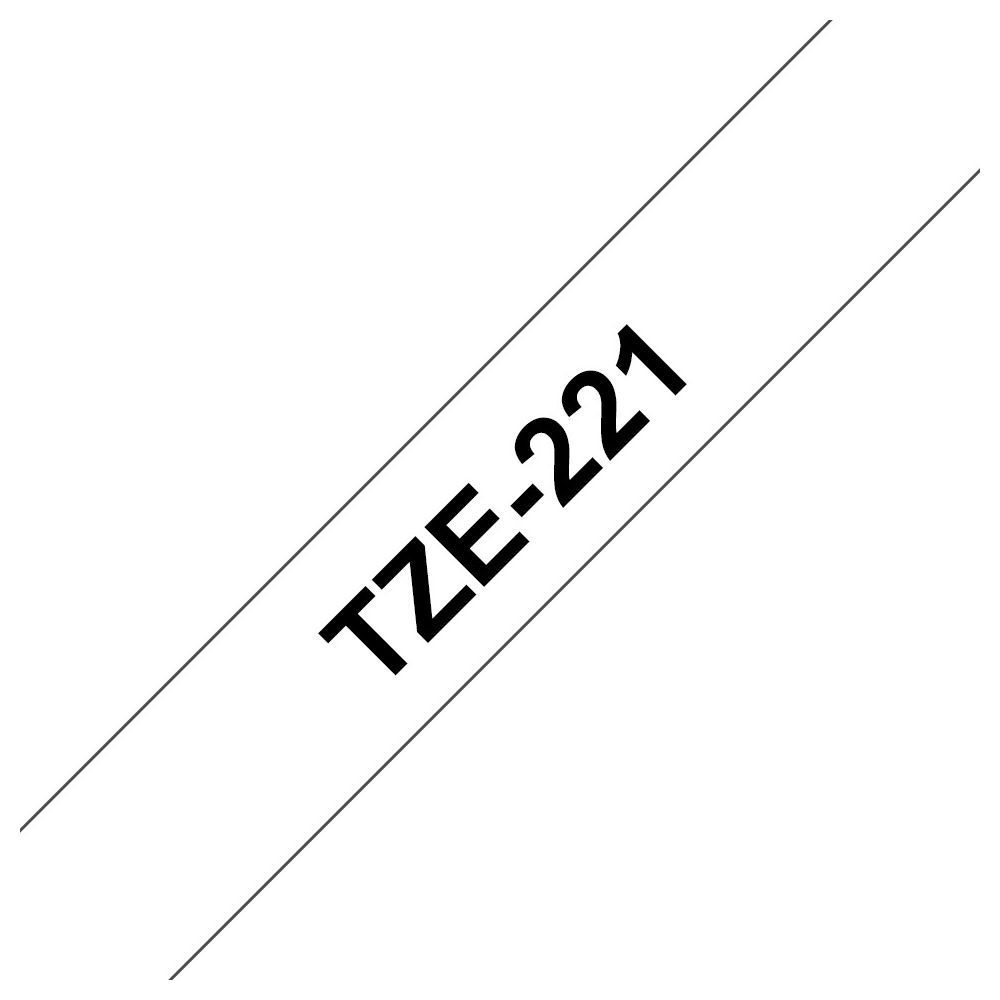 Schwarzer Text "TZE-221" auf weißem Band, diagonal.