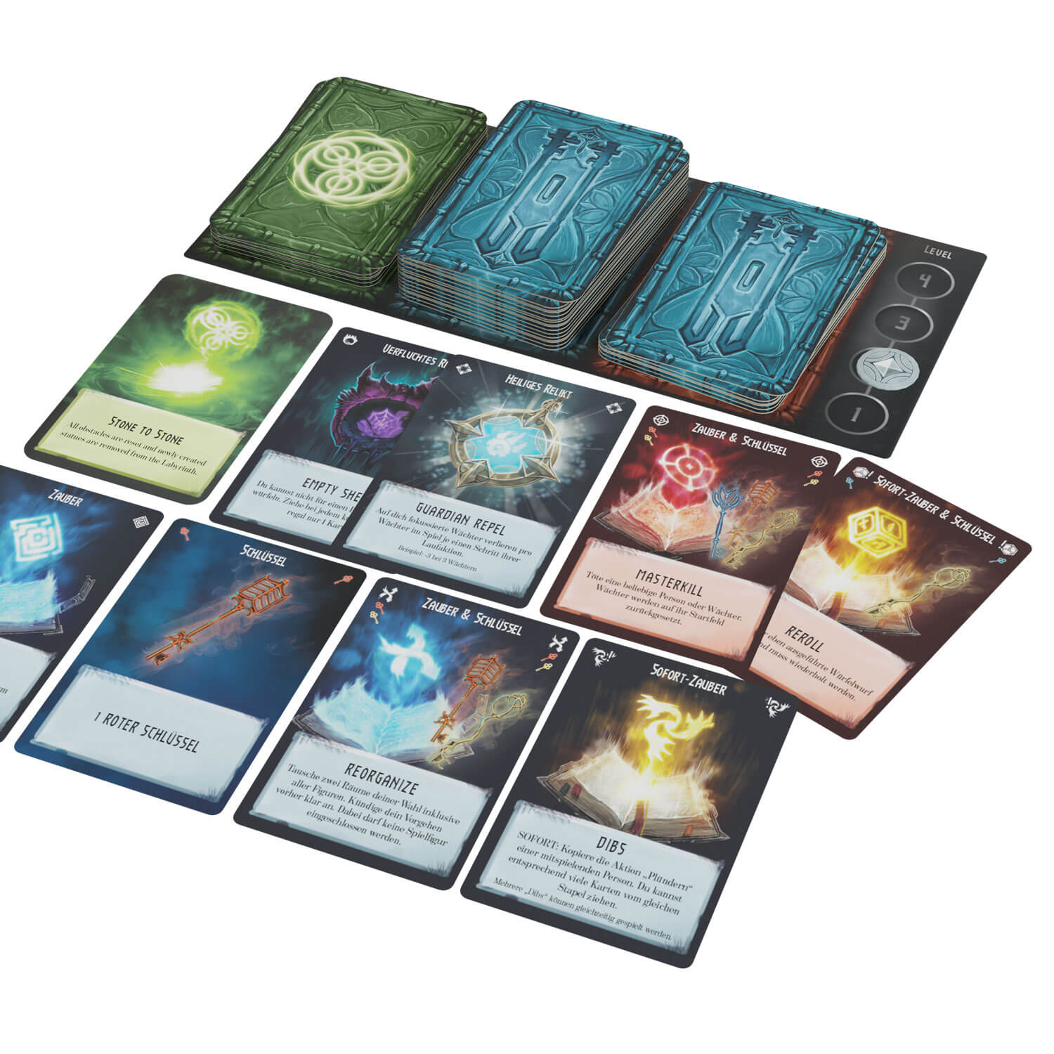 Carte da gioco con motivi fantasy, inclusi incantesimi, chiavi e mostri.