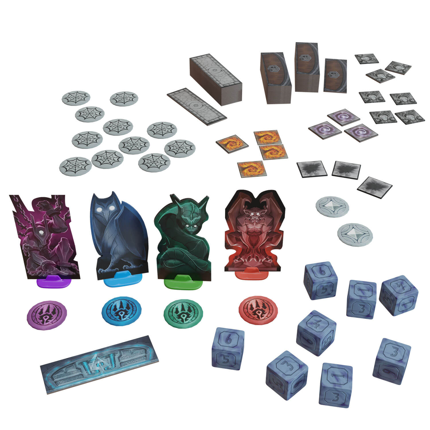 Componenti del gioco da tavolo: carte, figure, dadi, gettoni e segnalini ragnatela.