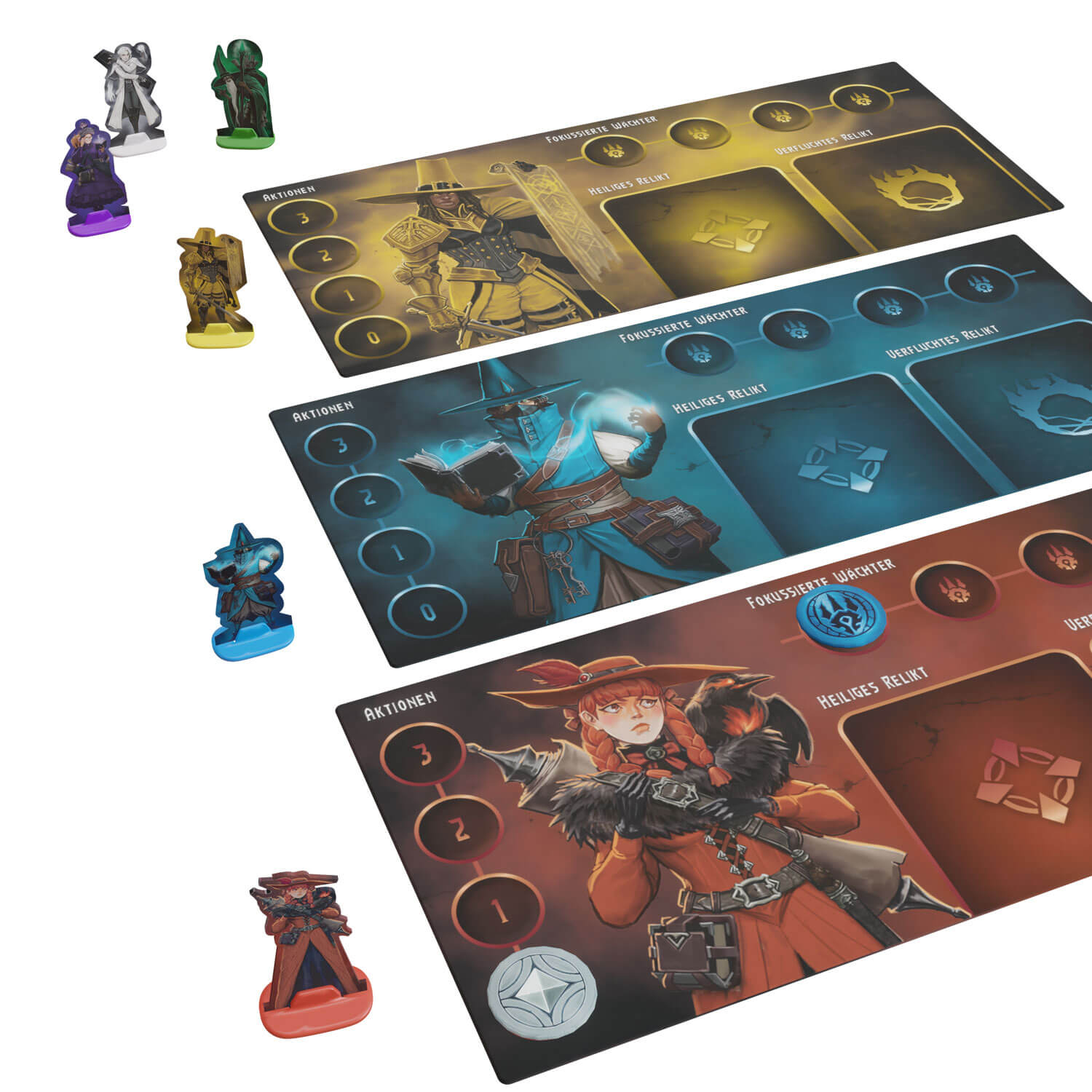 Miniature e tavole di gioco per un gioco da tavolo fantasy con maghi e guerrieri.