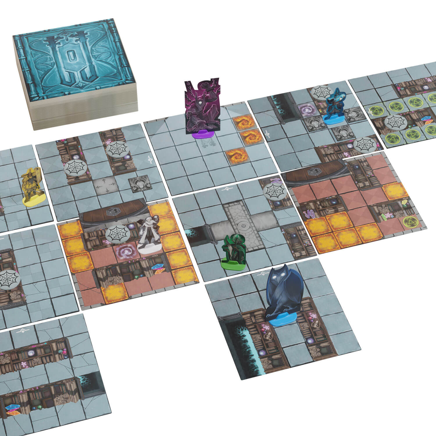 Gioco da tavolo con mazzo di carte e pedine su tabellone modulare.