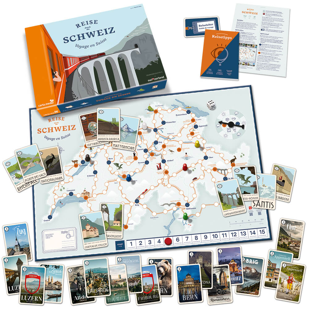Gioco da tavolo "Viaggio in Svizzera" con tabellone, carte e accessori.