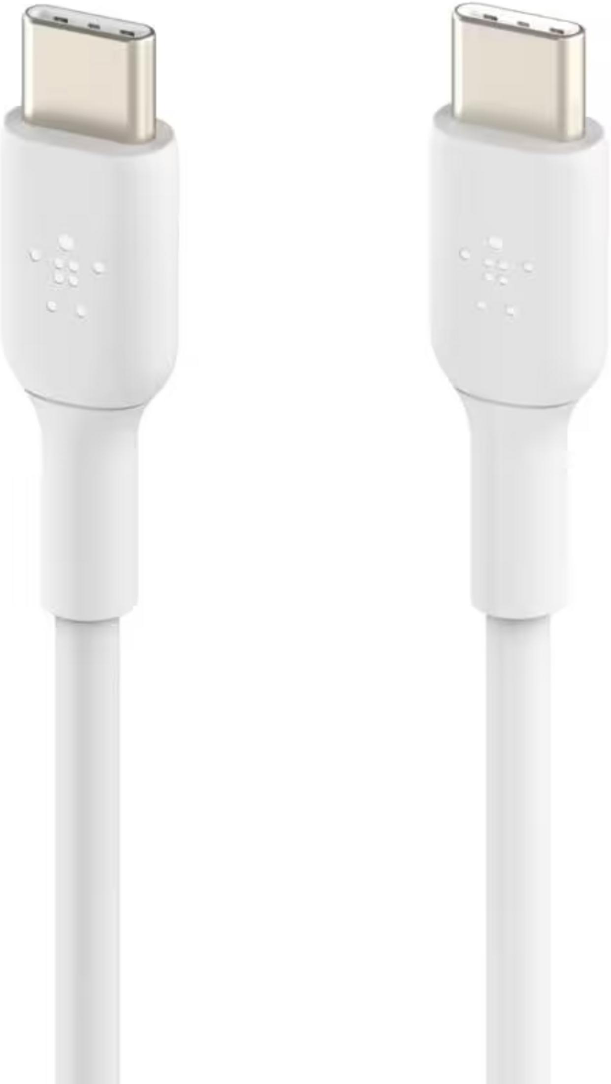 Due cavi USB-C bianchi con connettori argentati sono uno accanto all'altro.