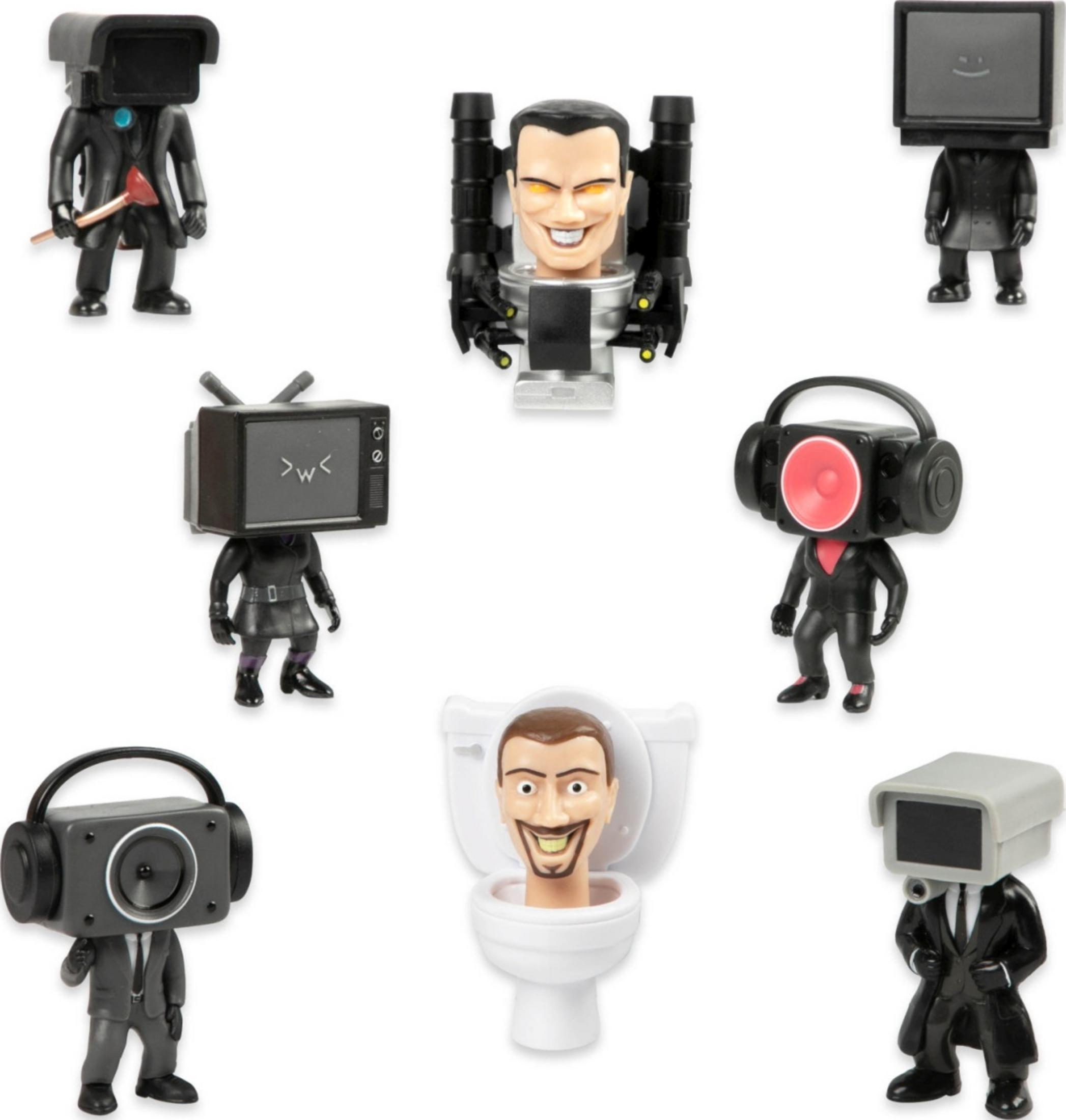 Acht skurrile Figuren mit Köpfen aus Bildschirmen, Lautsprechern oder Toiletten.
