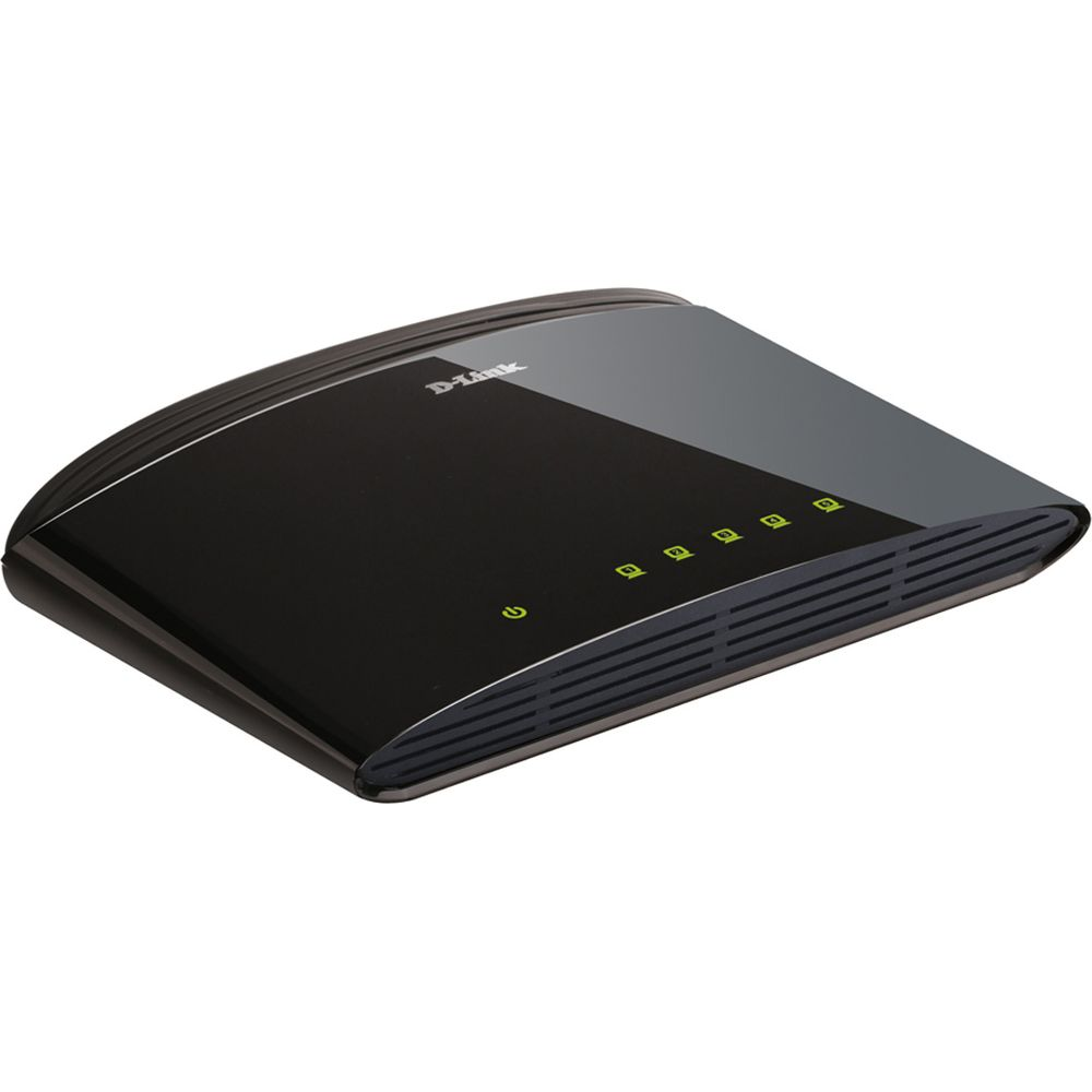 Switch di rete D-Link nero con sei indicatori LED verdi.