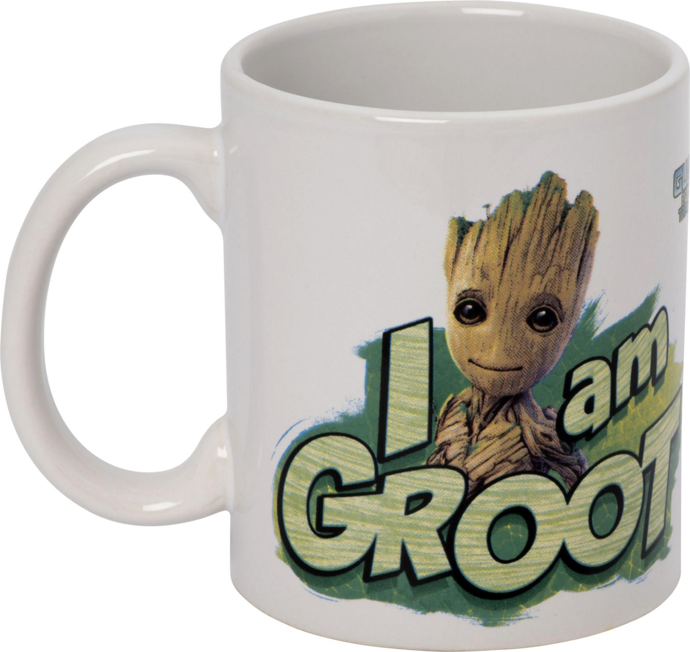 Weiße Tasse mit Groot-Aufdruck und "I am Groot"-Schriftzug.