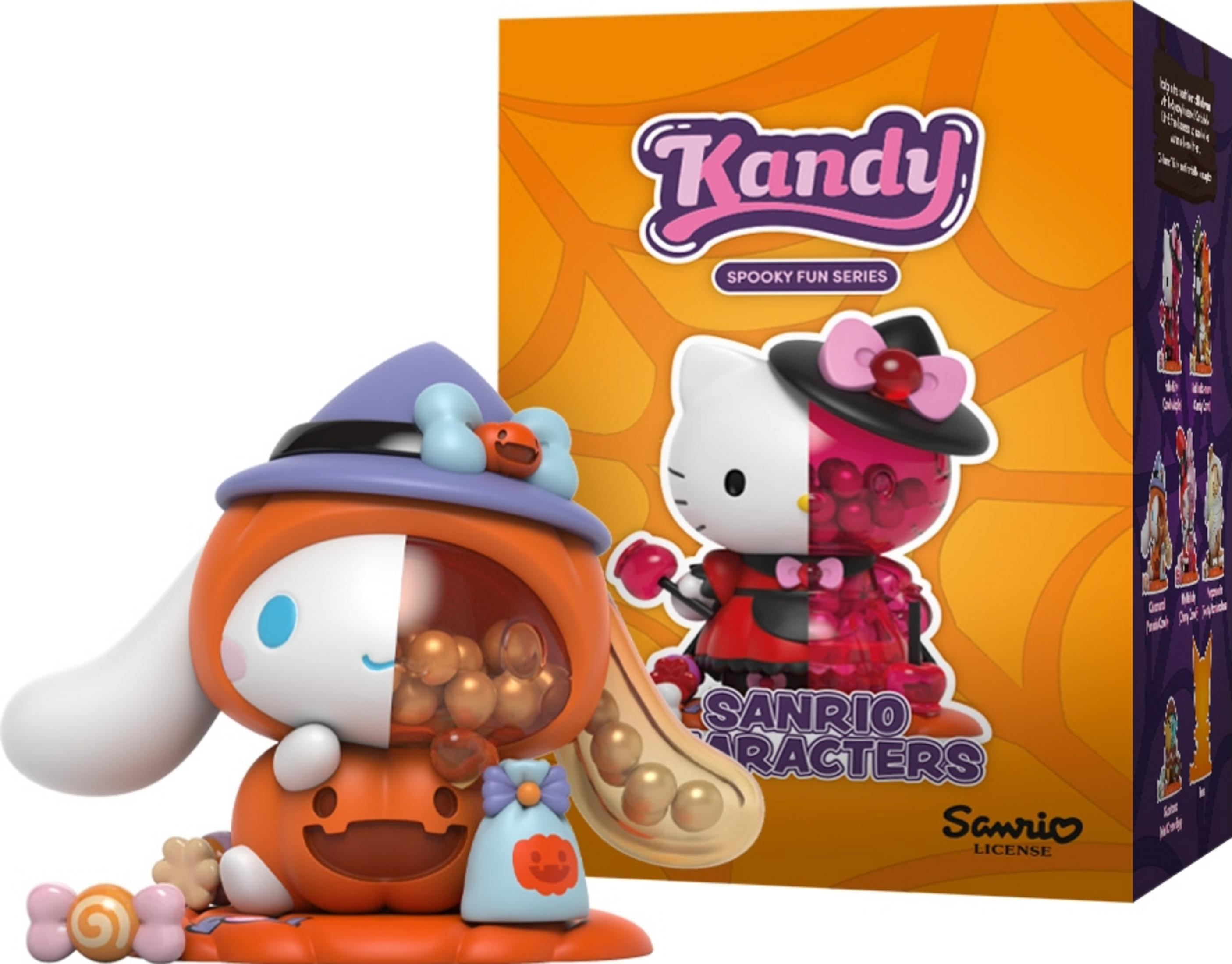 Figurines d'Halloween Cinnamoroll et Hello Kitty tenant des bonbons.
