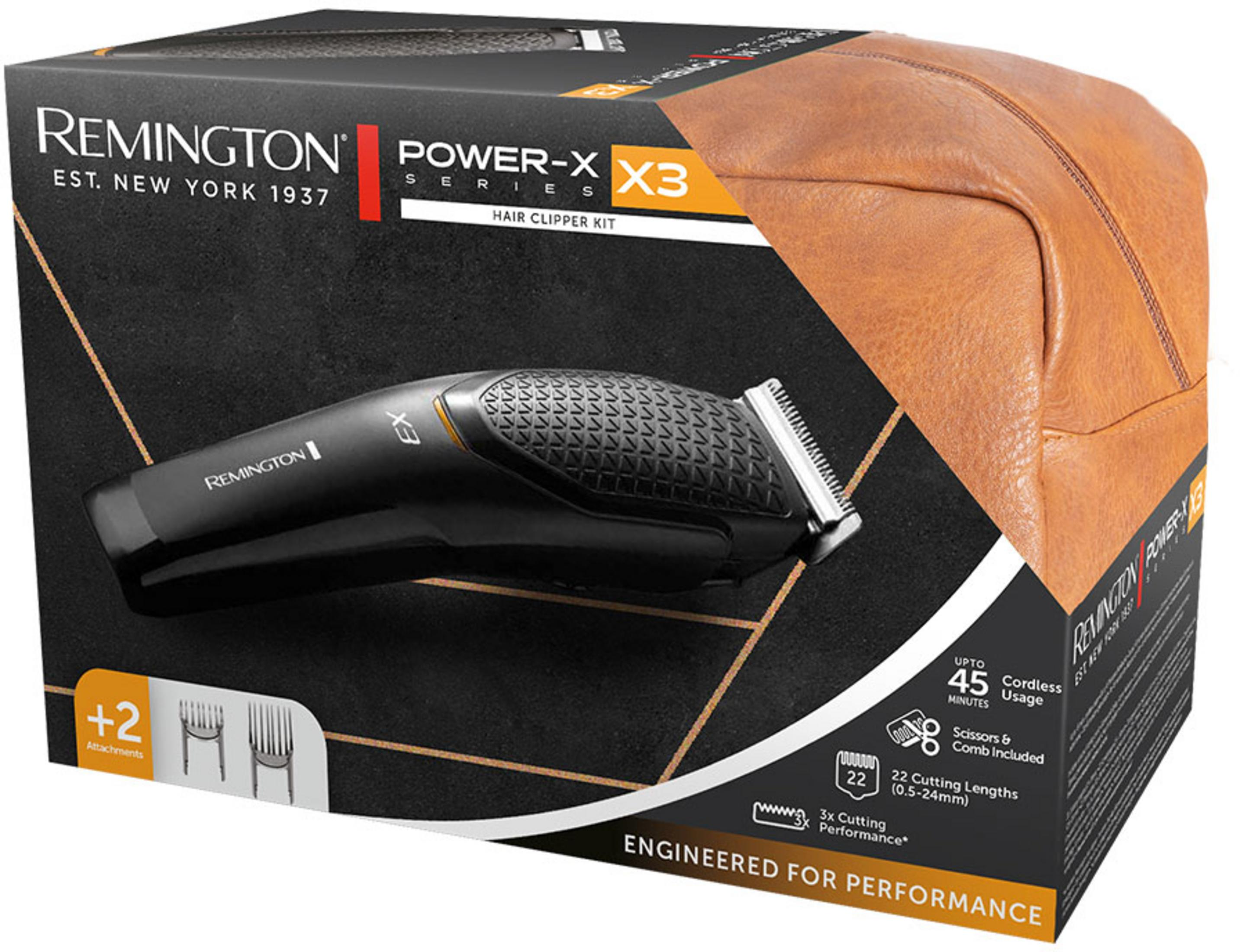 Remington Power-X X3 Haarschneider-Kit mit Zubehör und brauner Ledertasche.