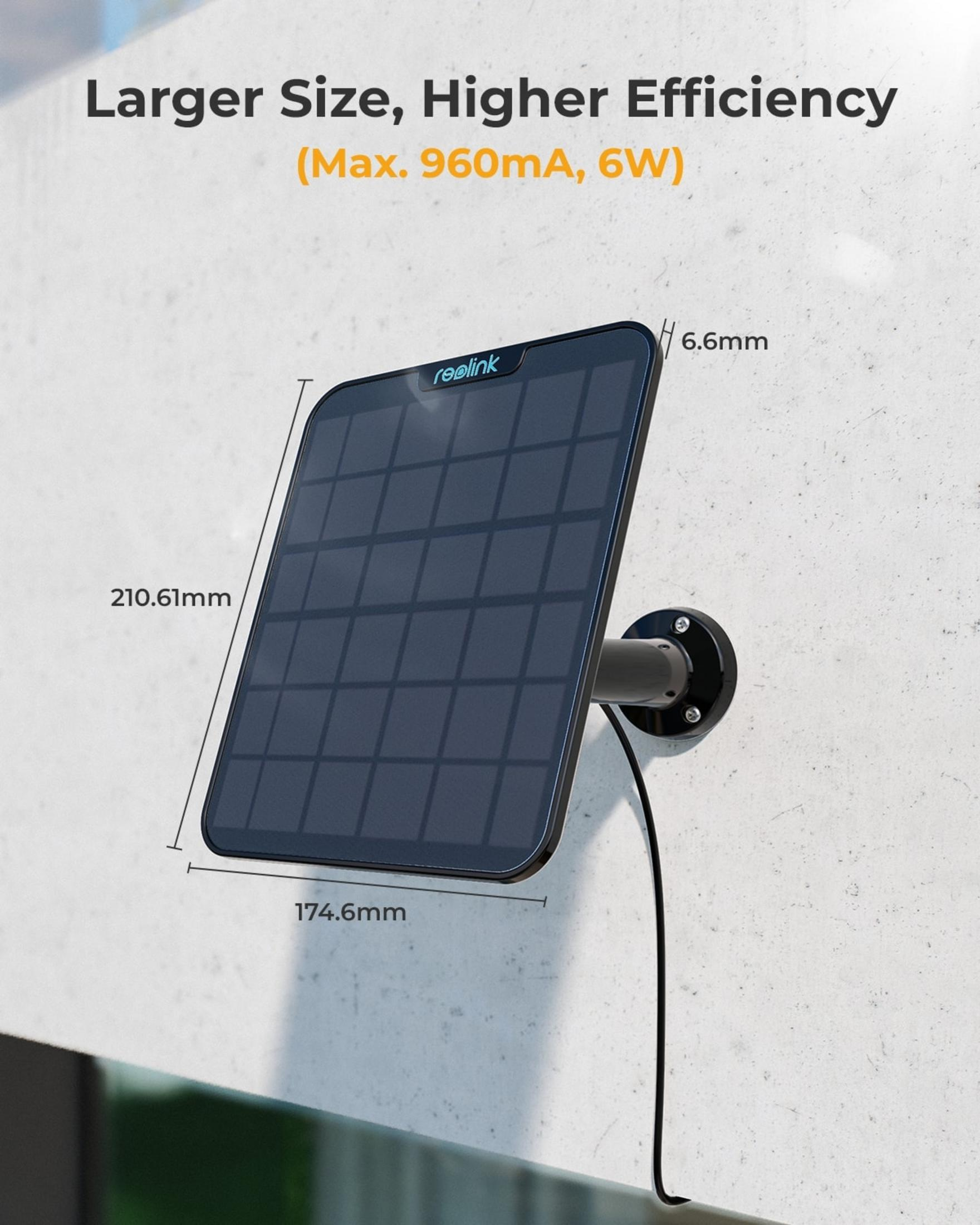 Un panel solar Reolink, 210.61x174.6mm, 6.6mm de grosor, montado en pared.