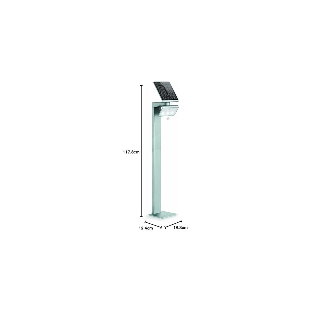 Ein schlanker, hellgrüner Lichtmast mit Solarmodul und Leuchte.