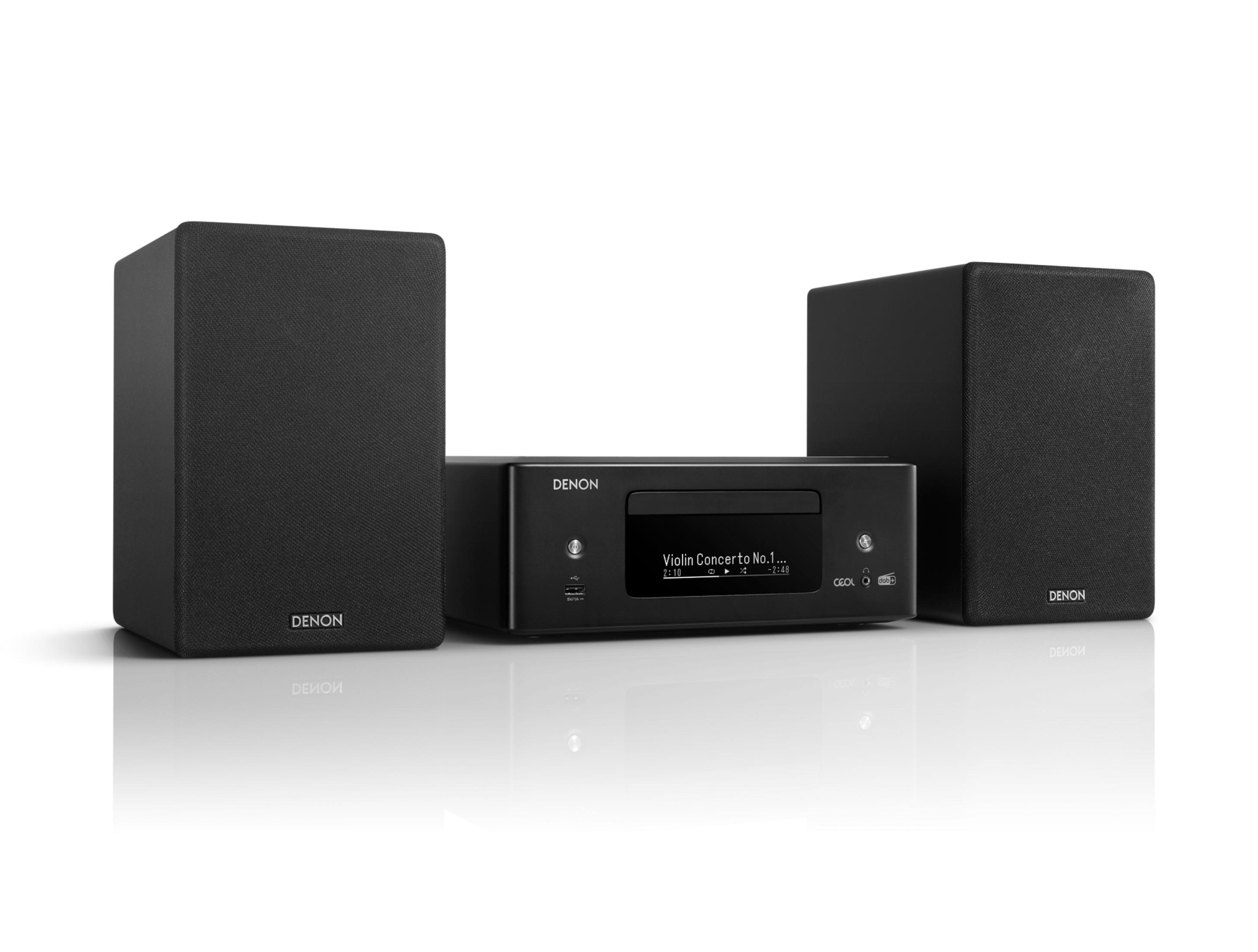 Schwarzes Denon HiFi-System mit zwei Lautsprechern und CD-Player.