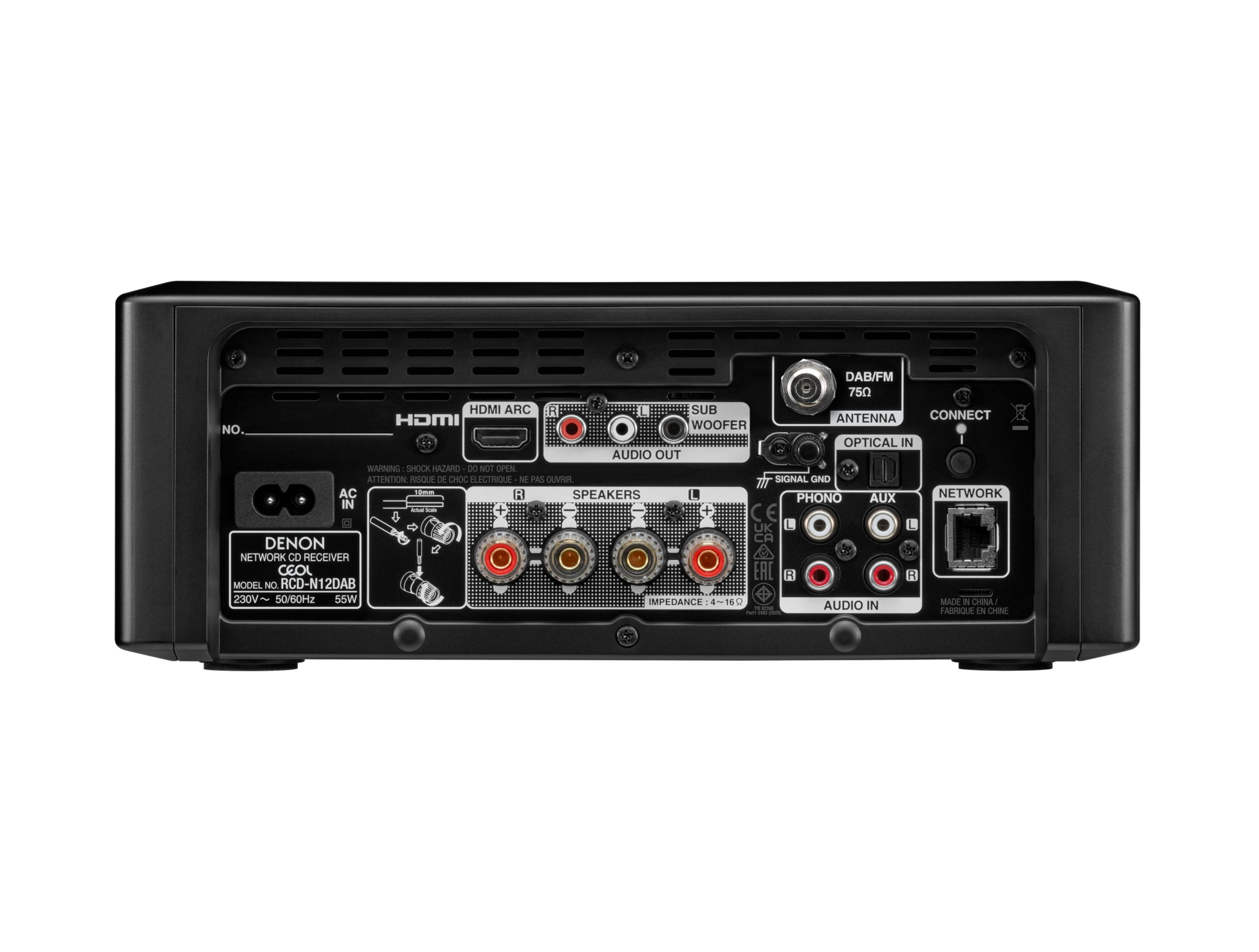 Rückseite eines schwarzen Denon CD-Receivers mit Anschlüssen wie HDMI, USB, Lautsprecher und Netzwerk.