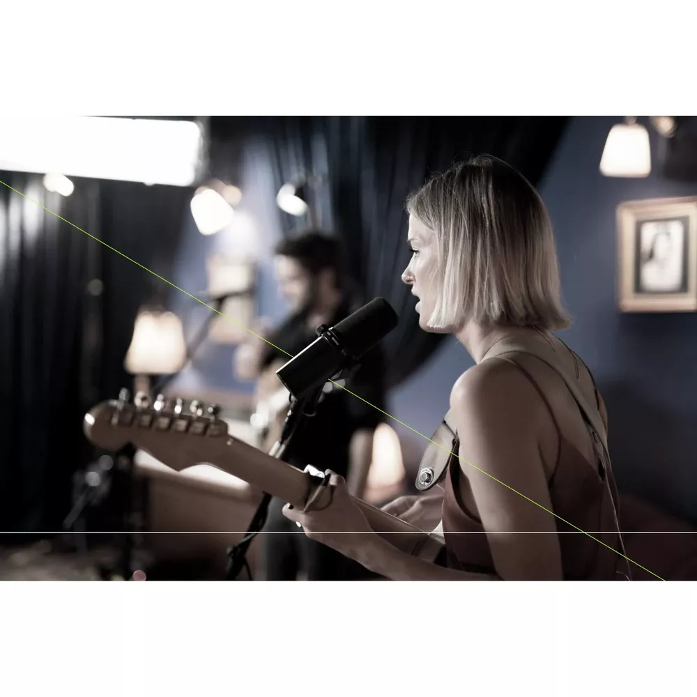 Frau singt in ein Mikrofon und spielt Gitarre. Mann spielt Gitarre im Hintergrund.