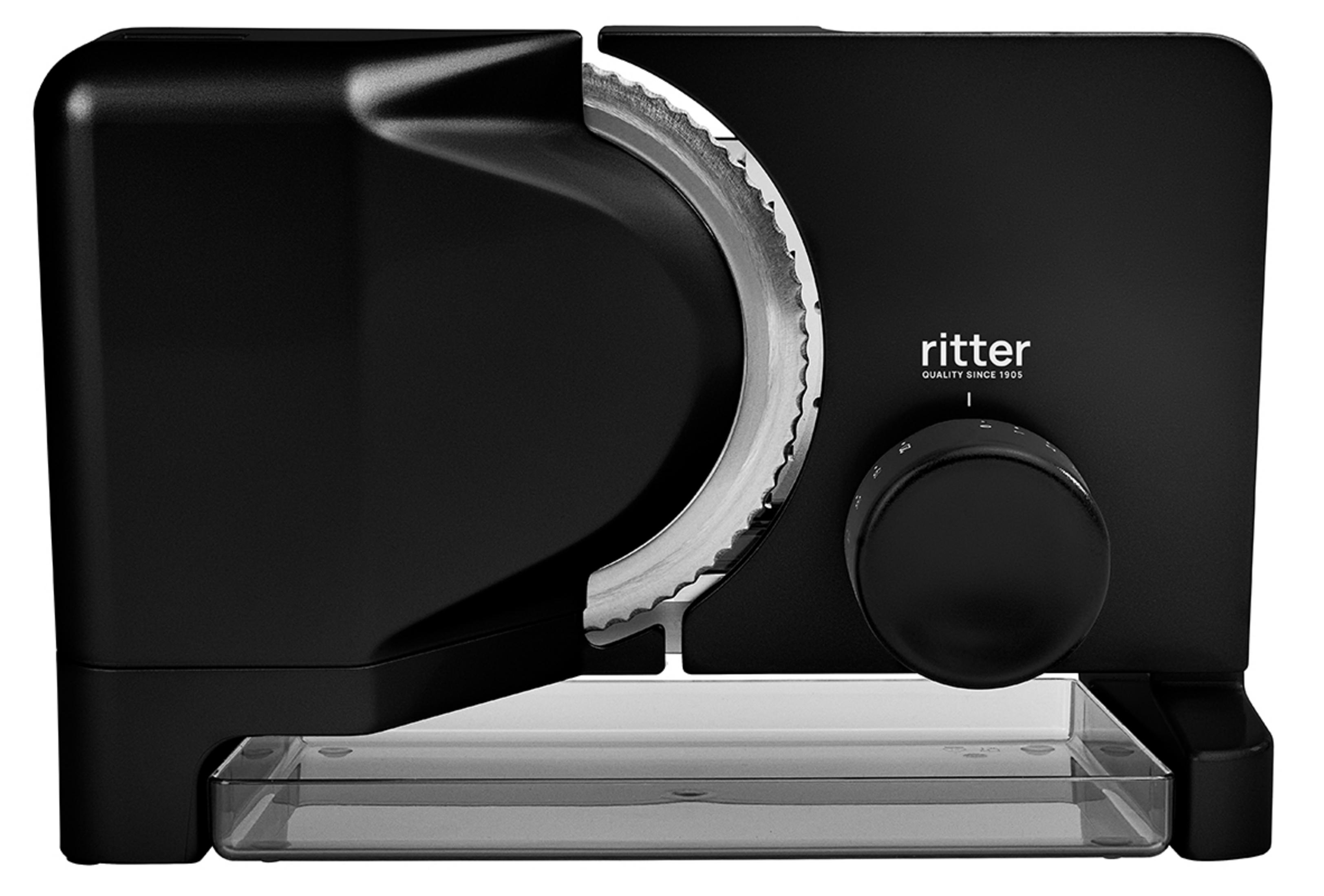 Czarna krajalnica z logo RITTER i pokrętłem regulacji.