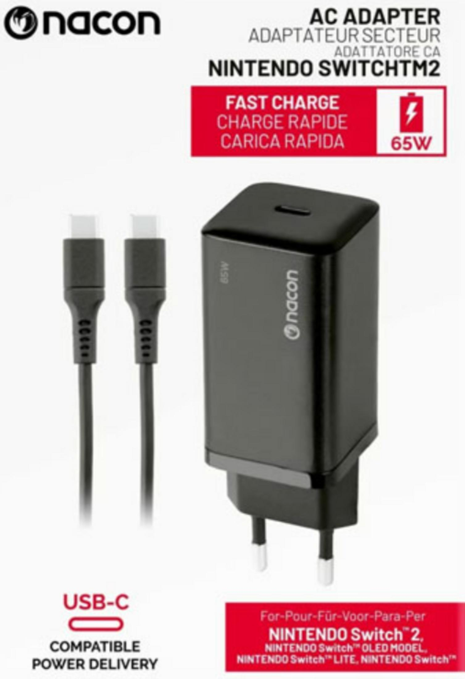 Adattatore AC Nacon per Nintendo Switch con 2 cavi USB-C e ricarica rapida 65W.