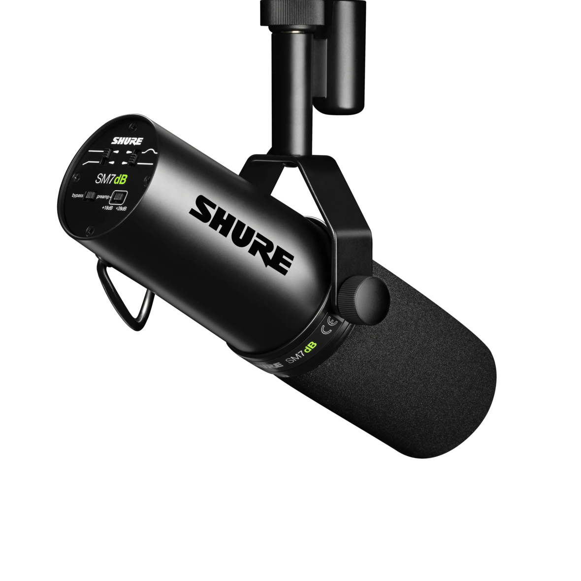 Czarny mikrofon Shure SM7dB z mocowaniem, białe tło.