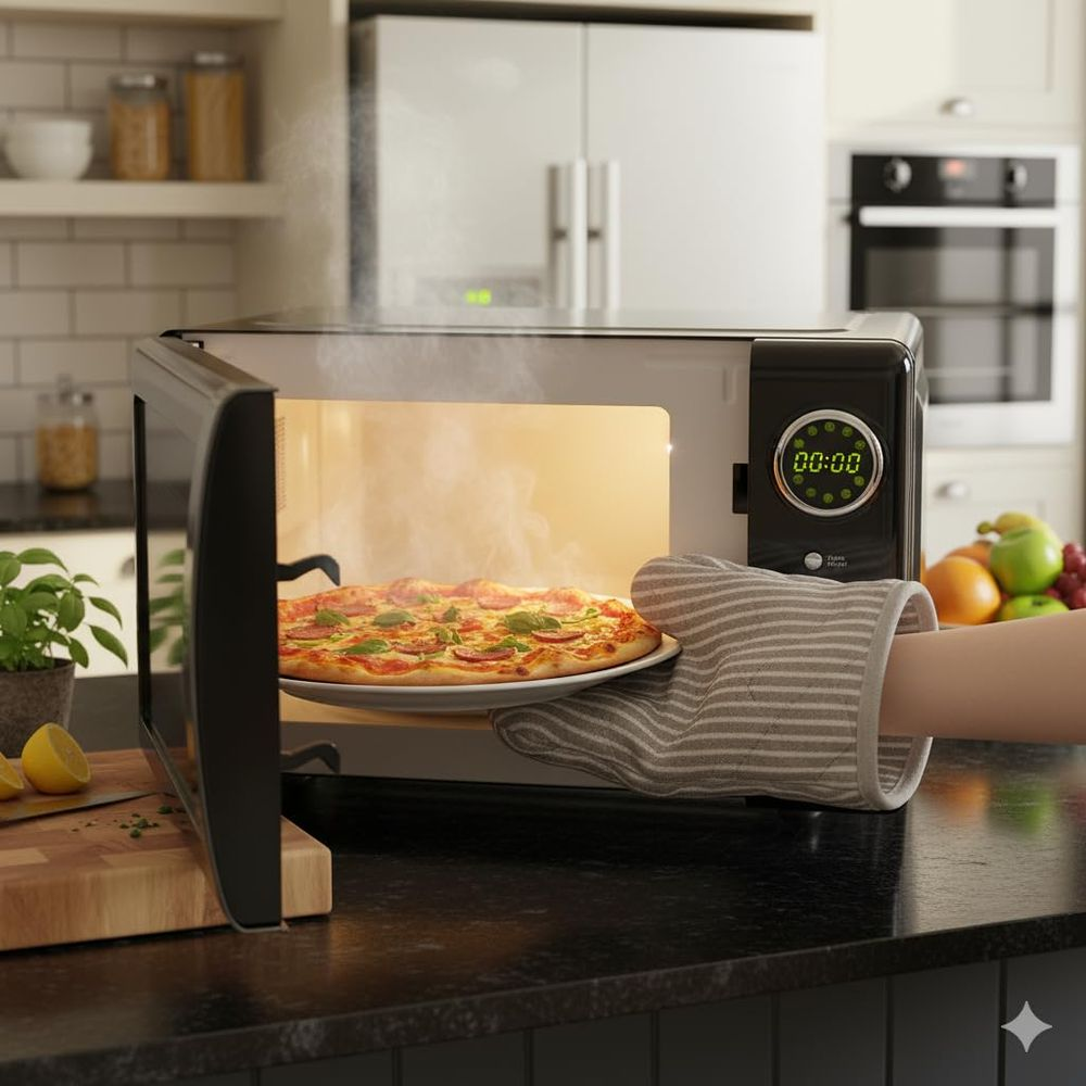 Une pizza fumante est retirée d'un micro-ondes.