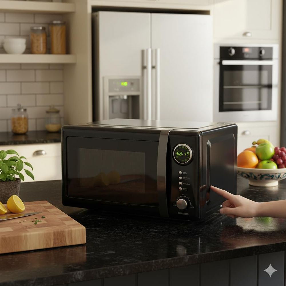 Un four à micro-ondes noir avec une coupe de fruits et des citrons sur un comptoir.