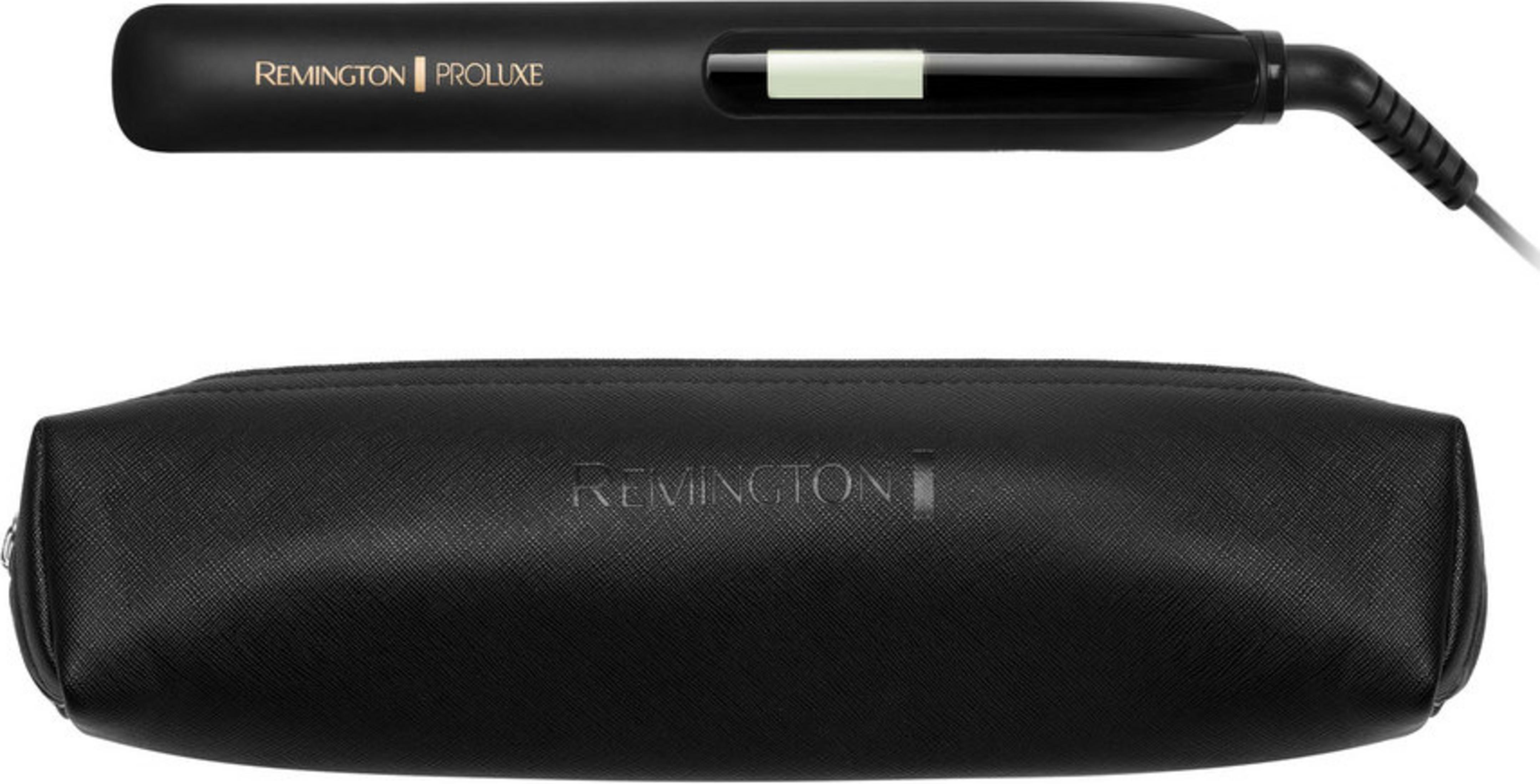 Czarna prostownica Remington ProLuxe i czarna kosmetyczka. Białe tło.