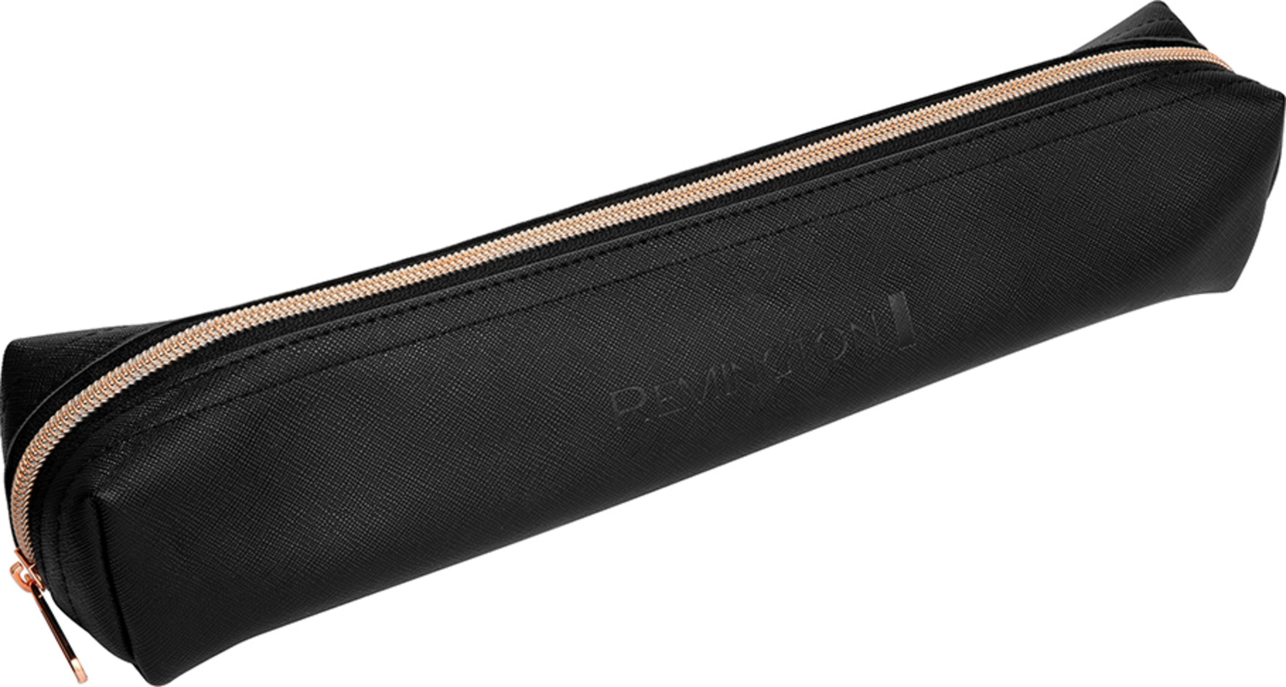 Czarna kosmetyczka z różowo-złotym zamkiem.