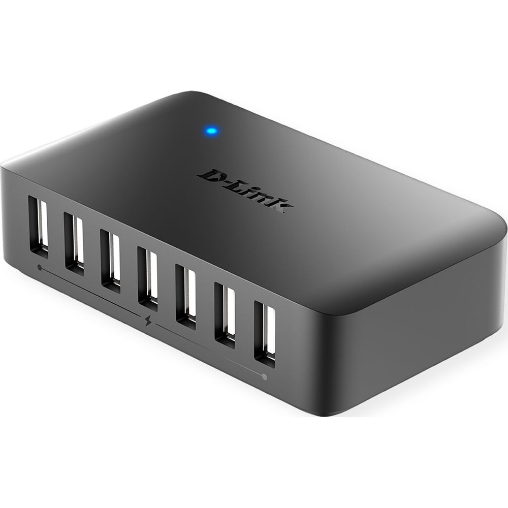 Czarny koncentrator USB D-Link z 7 portami i niebieską diodą LED.