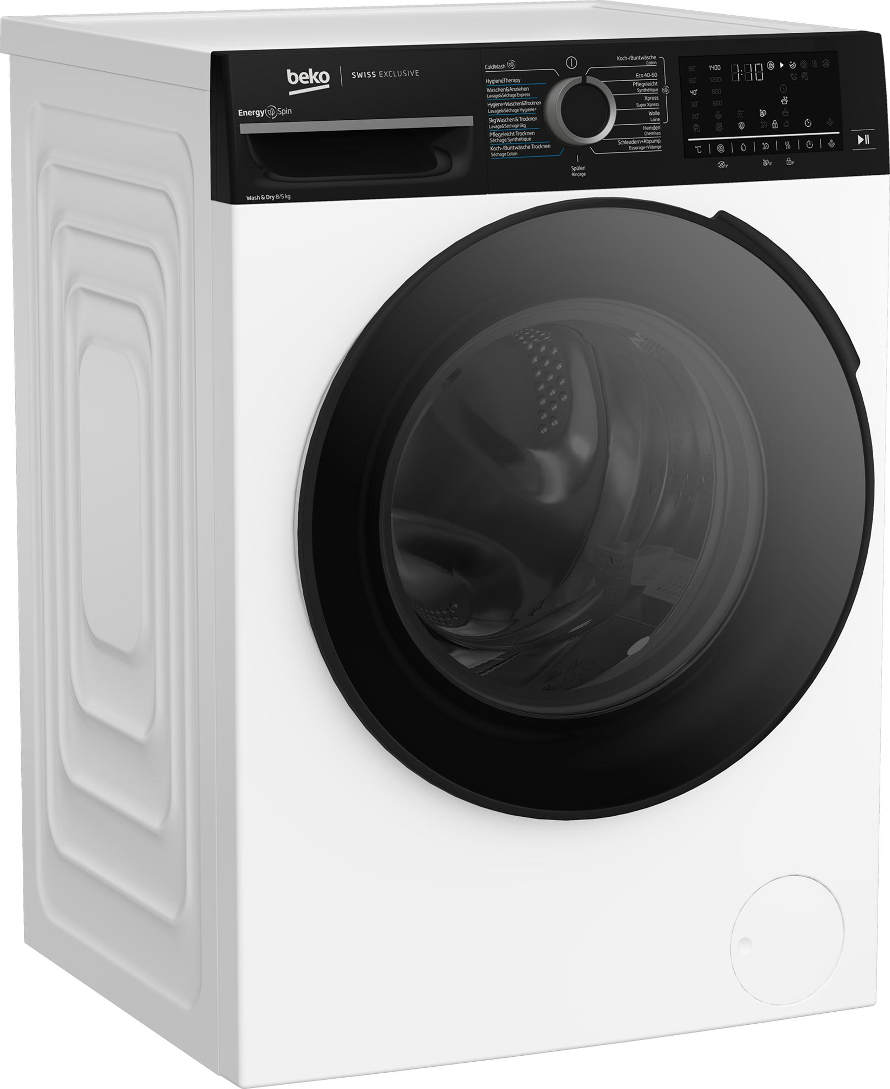 Eine weiße Beko Waschmaschine mit schwarzer Tür und Bedienfeld.