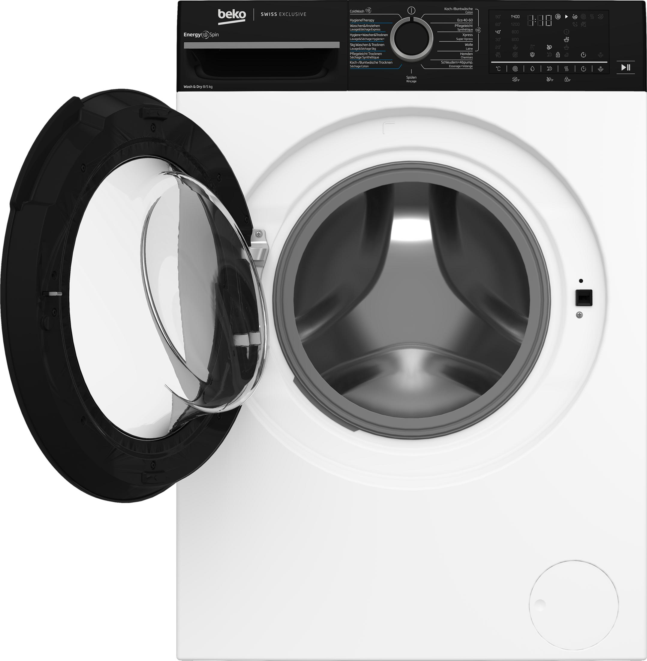 Ein weißer Beko Waschtrockner mit geöffneter schwarzer Tür und Bedienfeld.