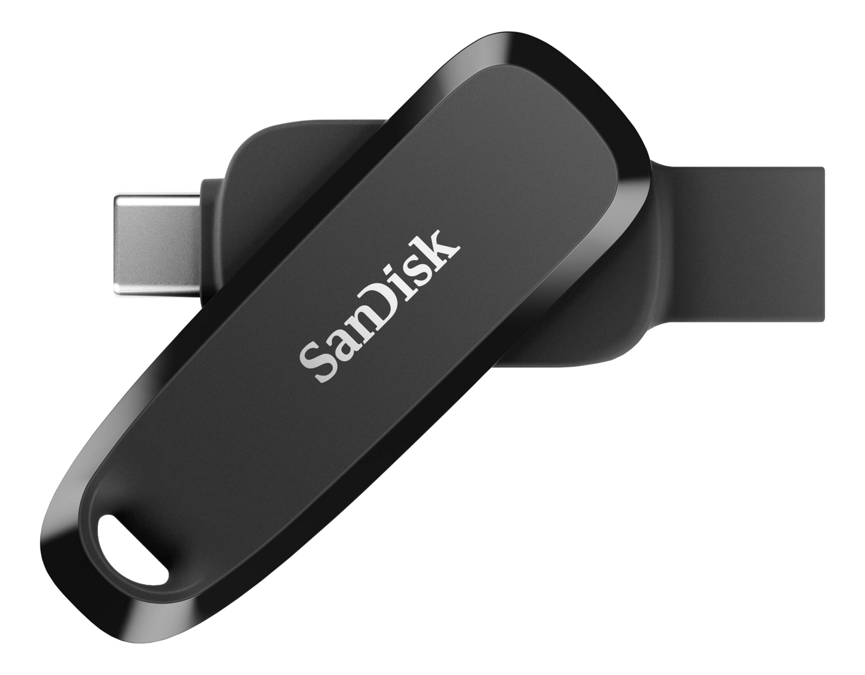 Czarny pendrive SanDisk USB-C ze srebrnym złączem i otworem na brelok.