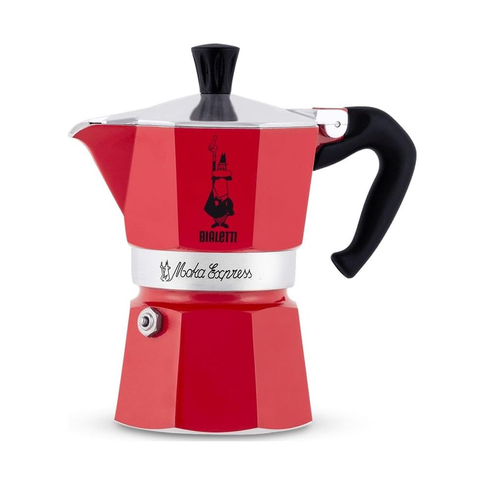 Czerwony ekspres do kawy Bialetti z czarną rączką i pokrywką, na białym tle.