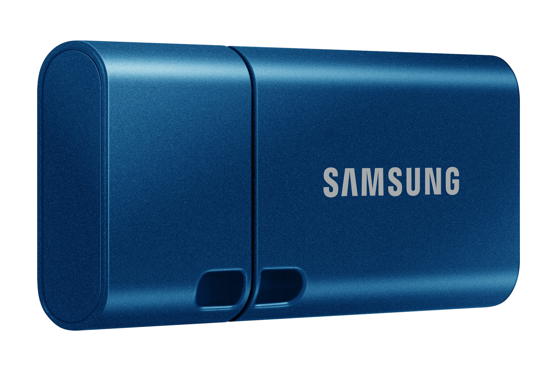 Niebieski pendrive Samsung o lekko ziarnistej fakturze i srebrnym logo.