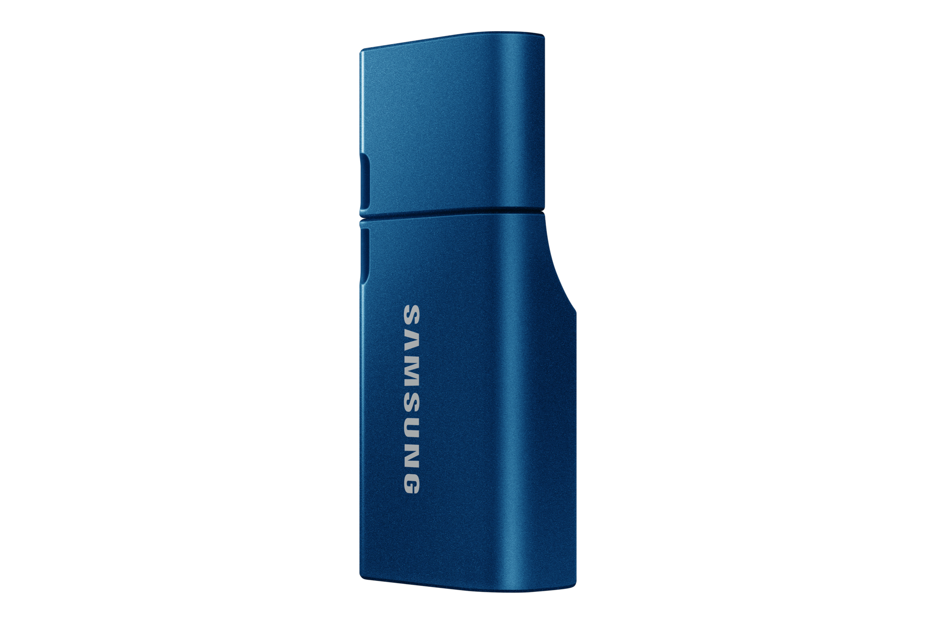 Mały, niebieski pendrive z logo Samsung.