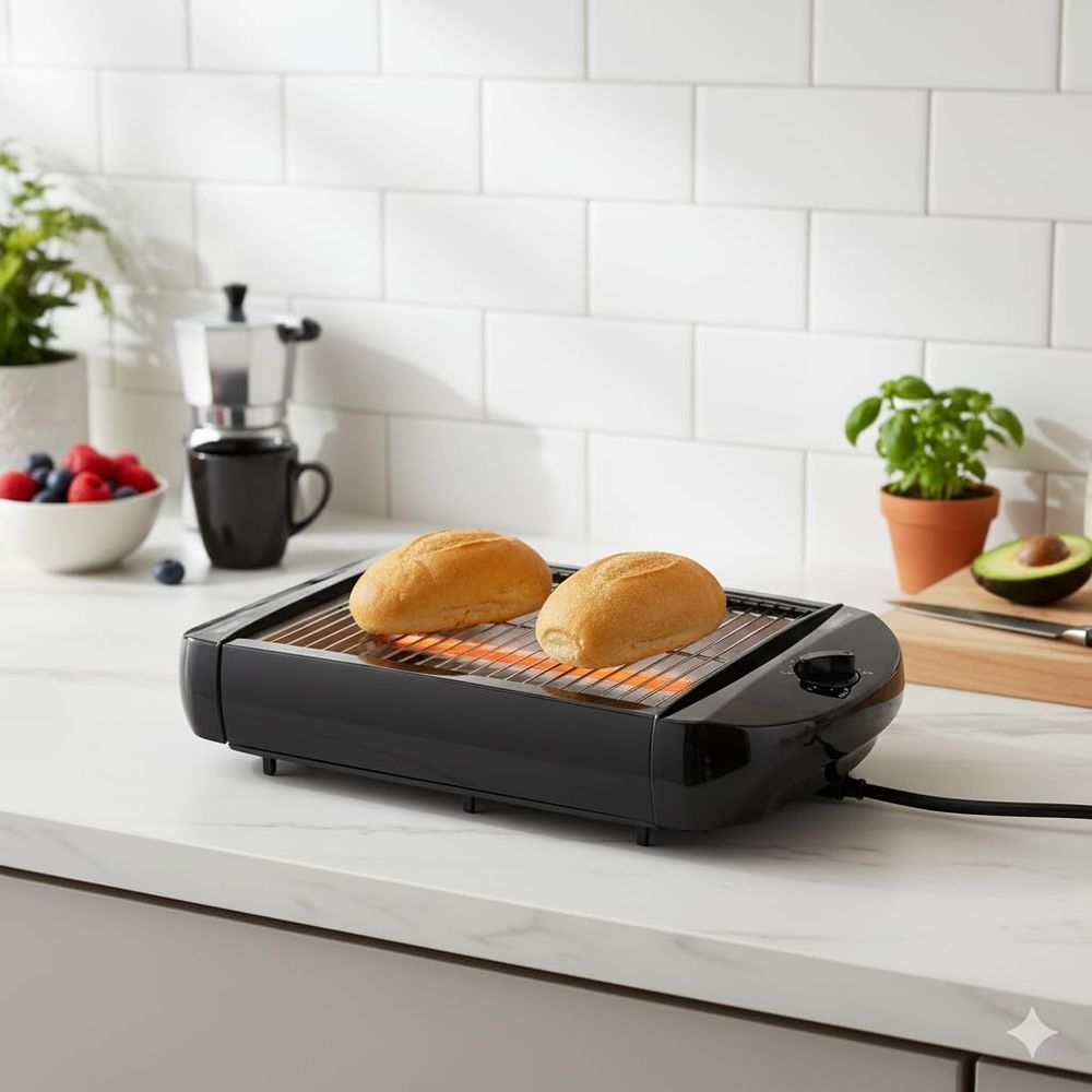 Zwei Brötchen auf einem schwarzen Toaster mit glühenden Heizelementen.