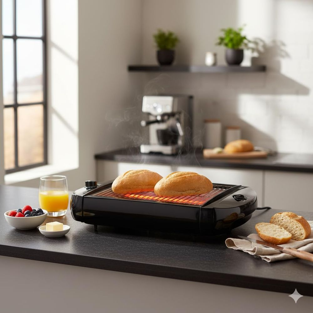 Zwei Brötchen werden auf einem schwarzen Toaster gegrillt. Daneben liegen Beeren, Butter und Brot.