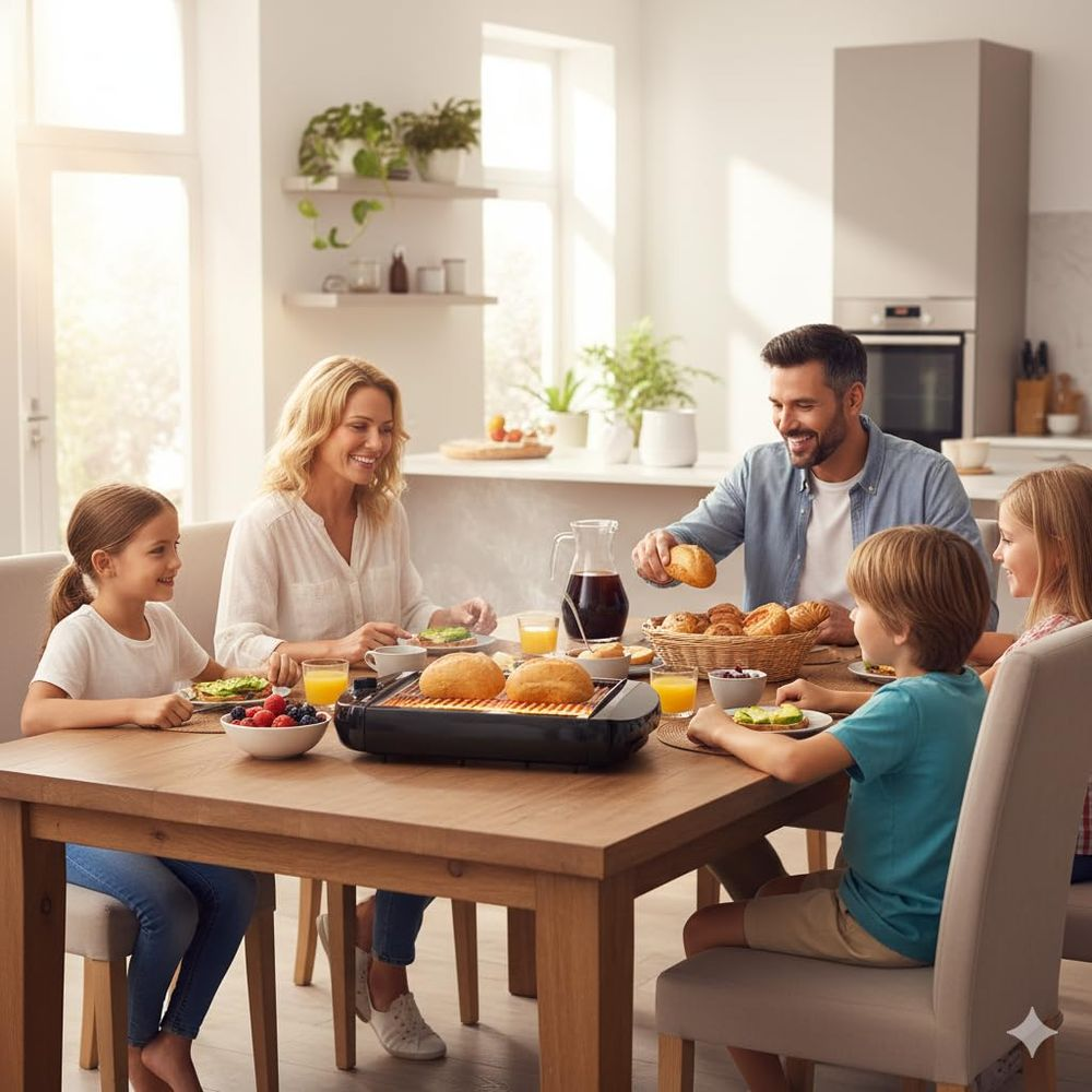Eine Familie frühstückt gemeinsam am Tisch, mit Brötchen, Obst und Saft.