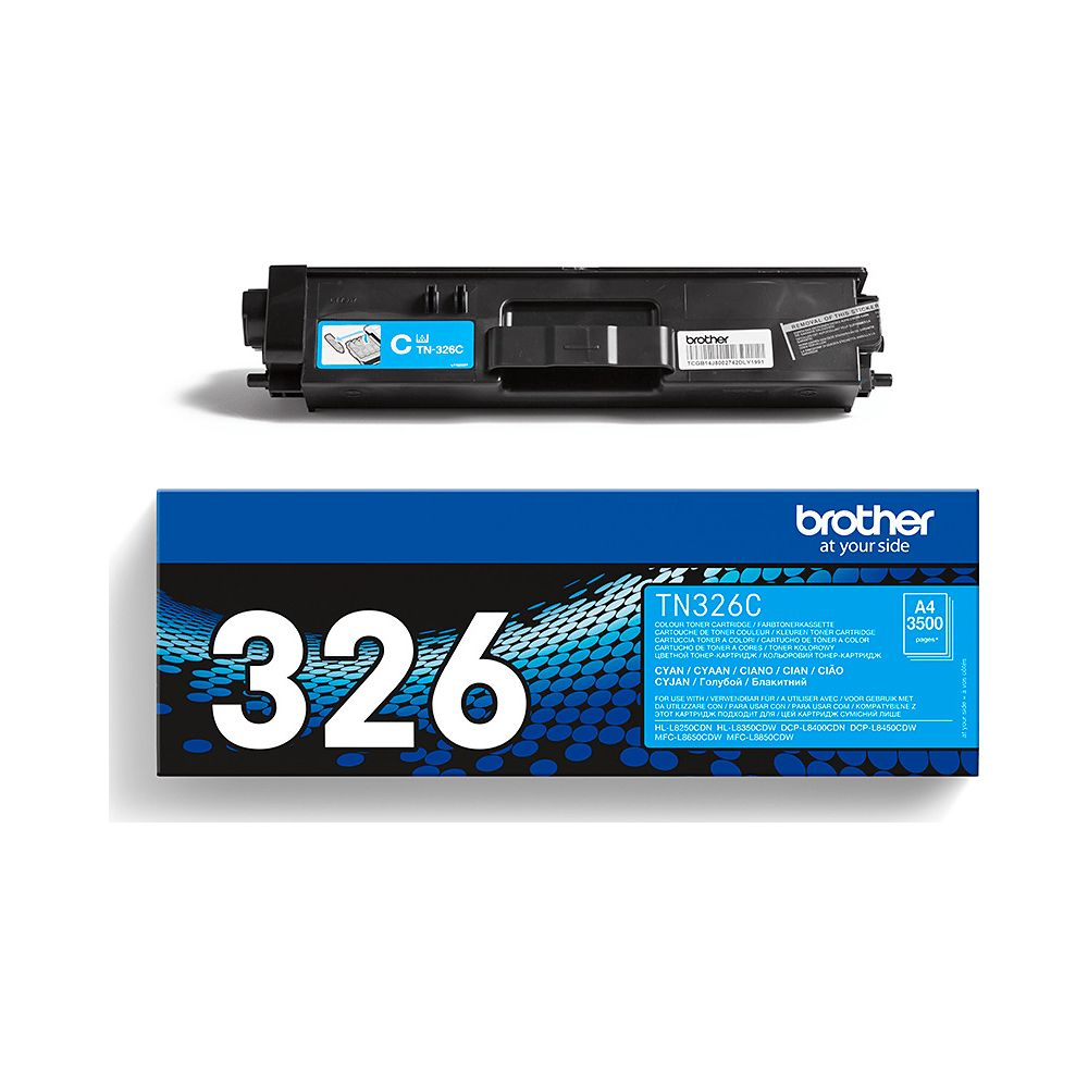 Niebieski kartridż z tonerem Brother TN326C cyjan z opakowaniem.