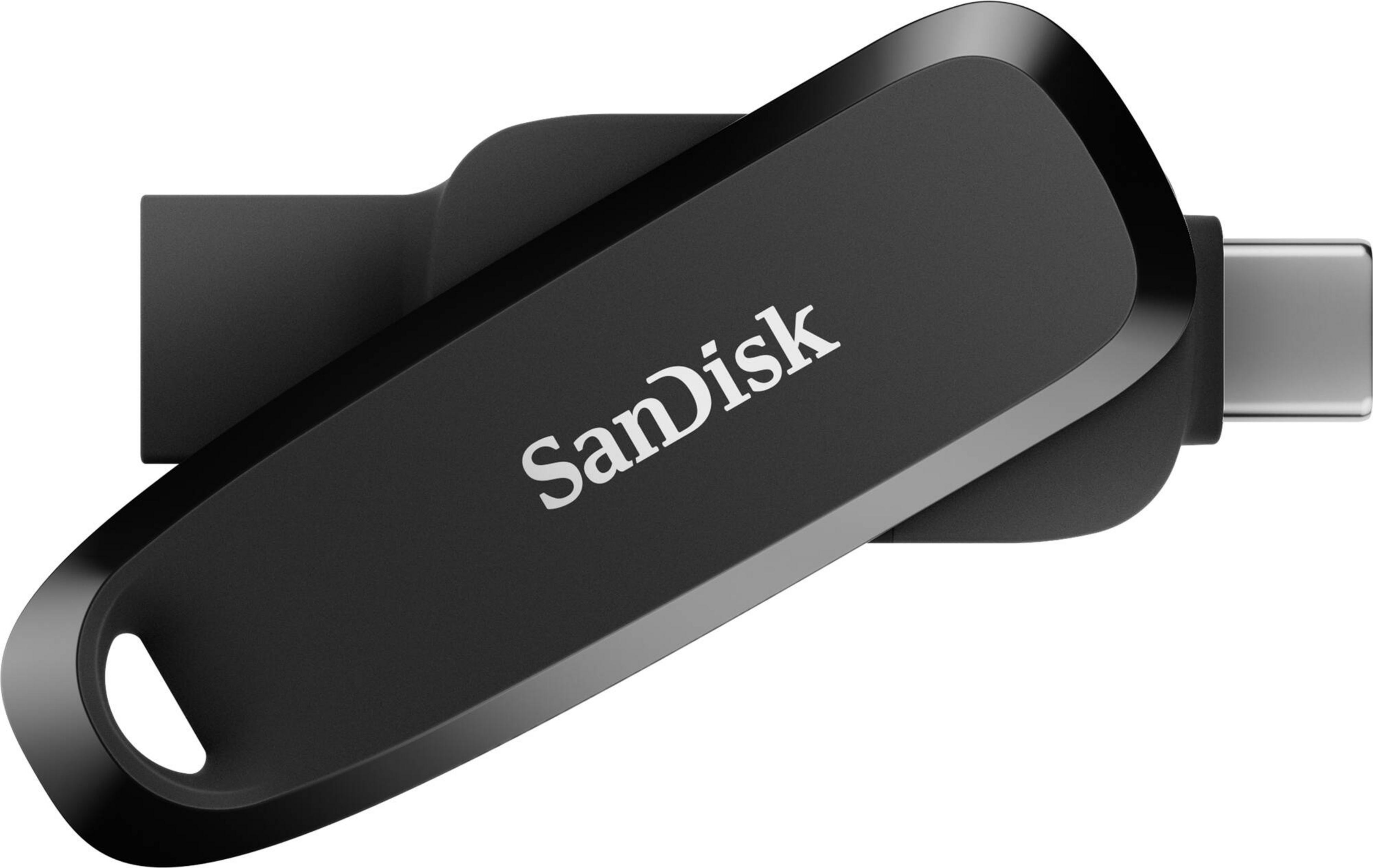 Clé USB-C noire avec logo Sandisk et connecteur argenté.